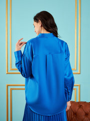 Women Royal Blue Satin Oversized Shirt-SFSHRT20237