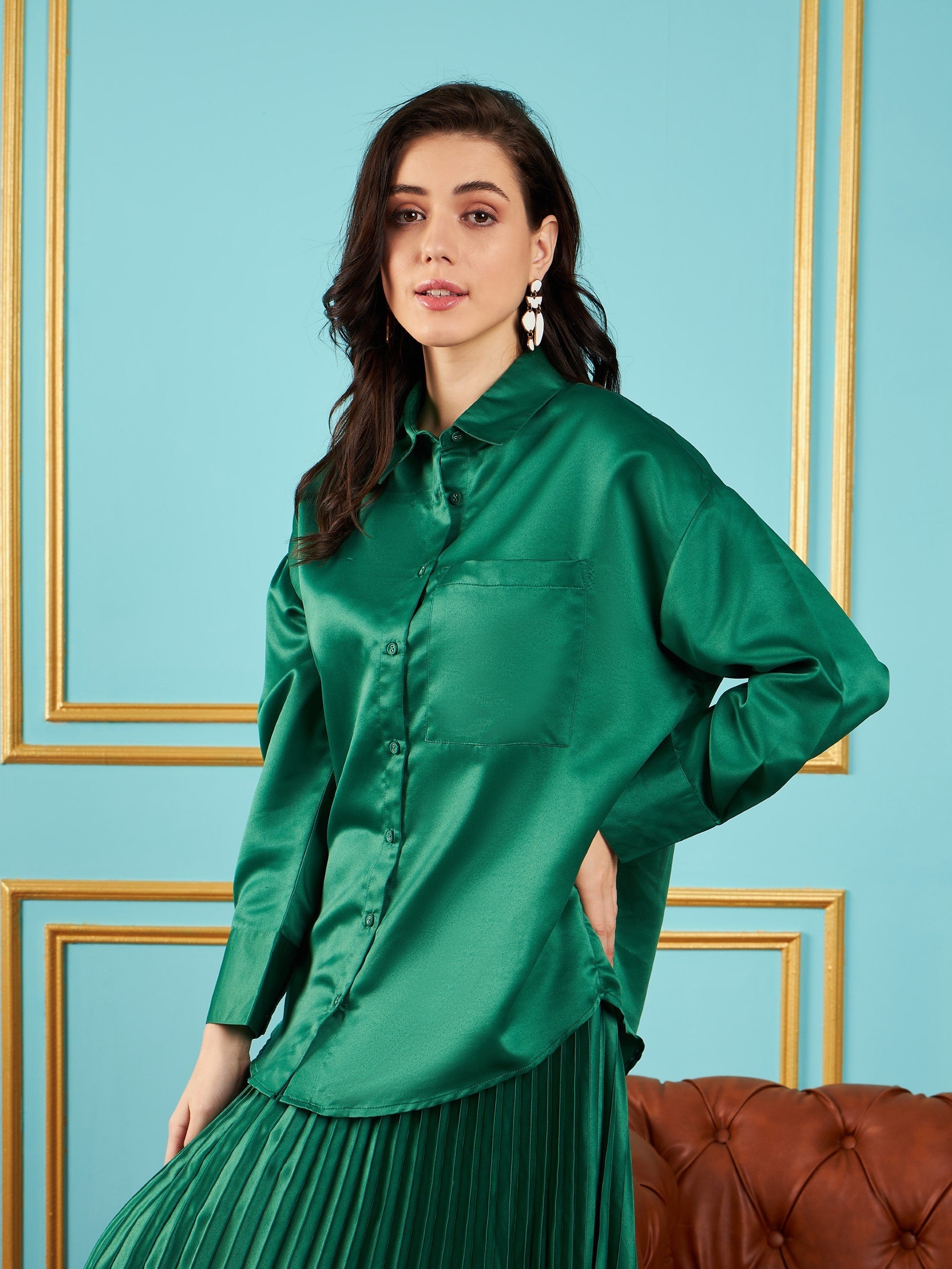 Women Green Satin Oversized Shirt-SFSHRT20239