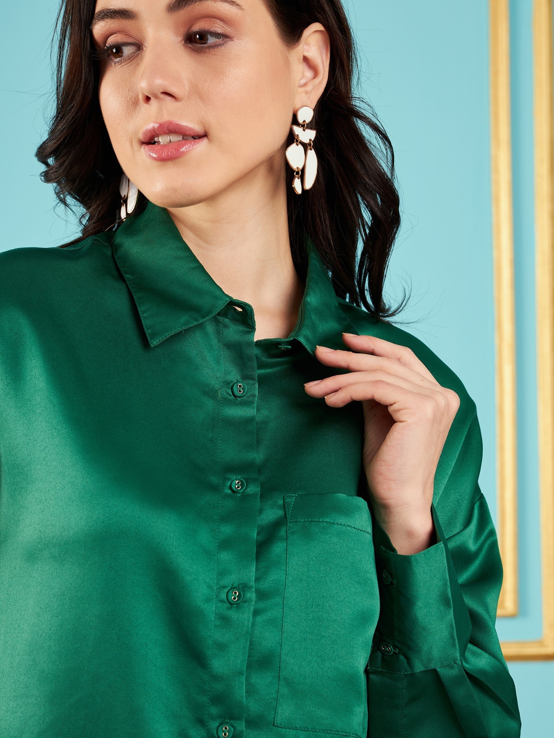 Women Green Satin Oversized Shirt-SFSHRT20239