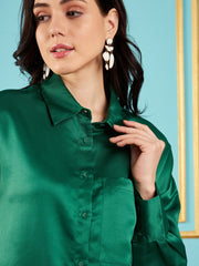 Women Green Satin Oversized Shirt-SFSHRT20239