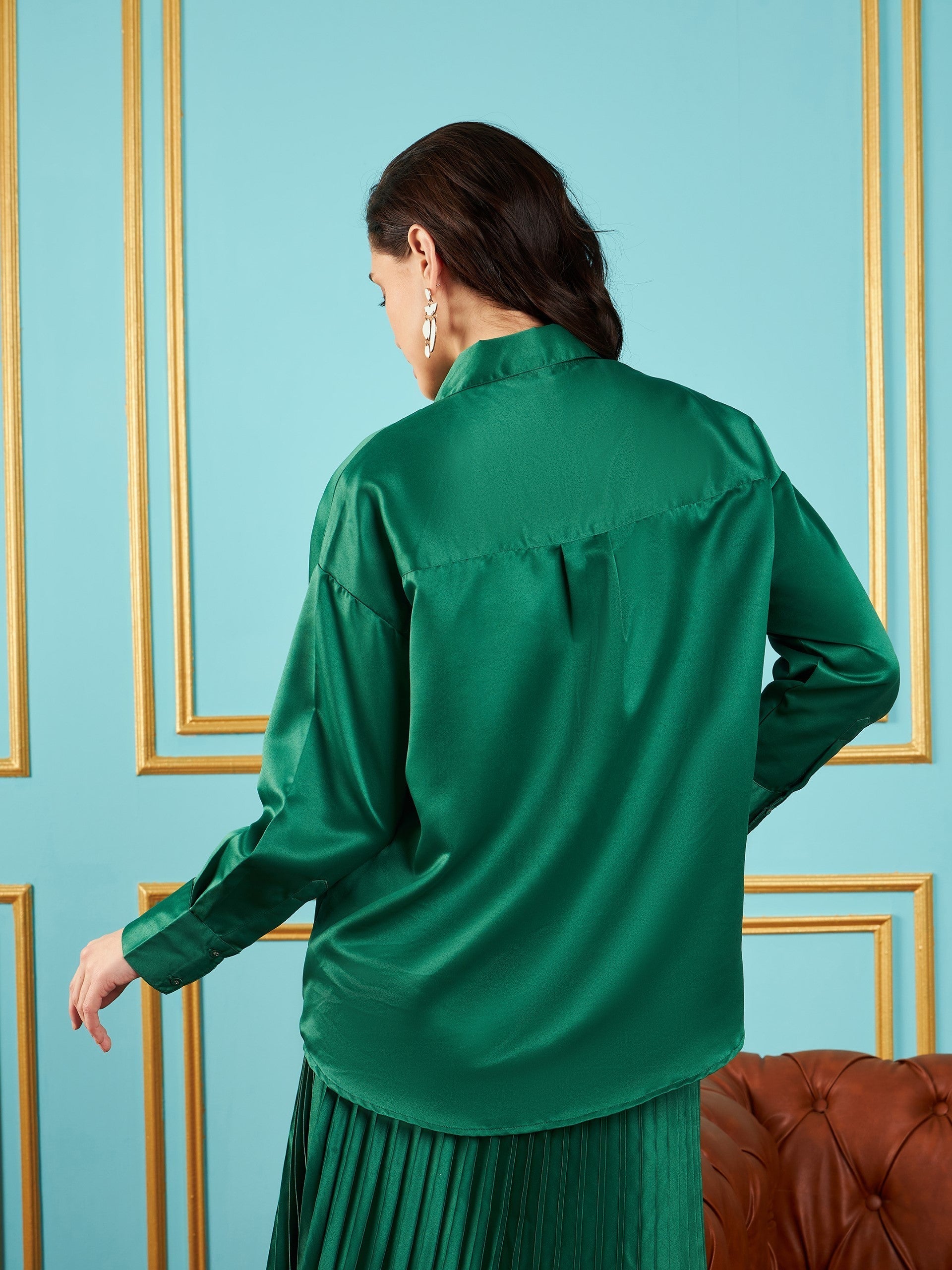 Women Green Satin Oversized Shirt-SFSHRT20239