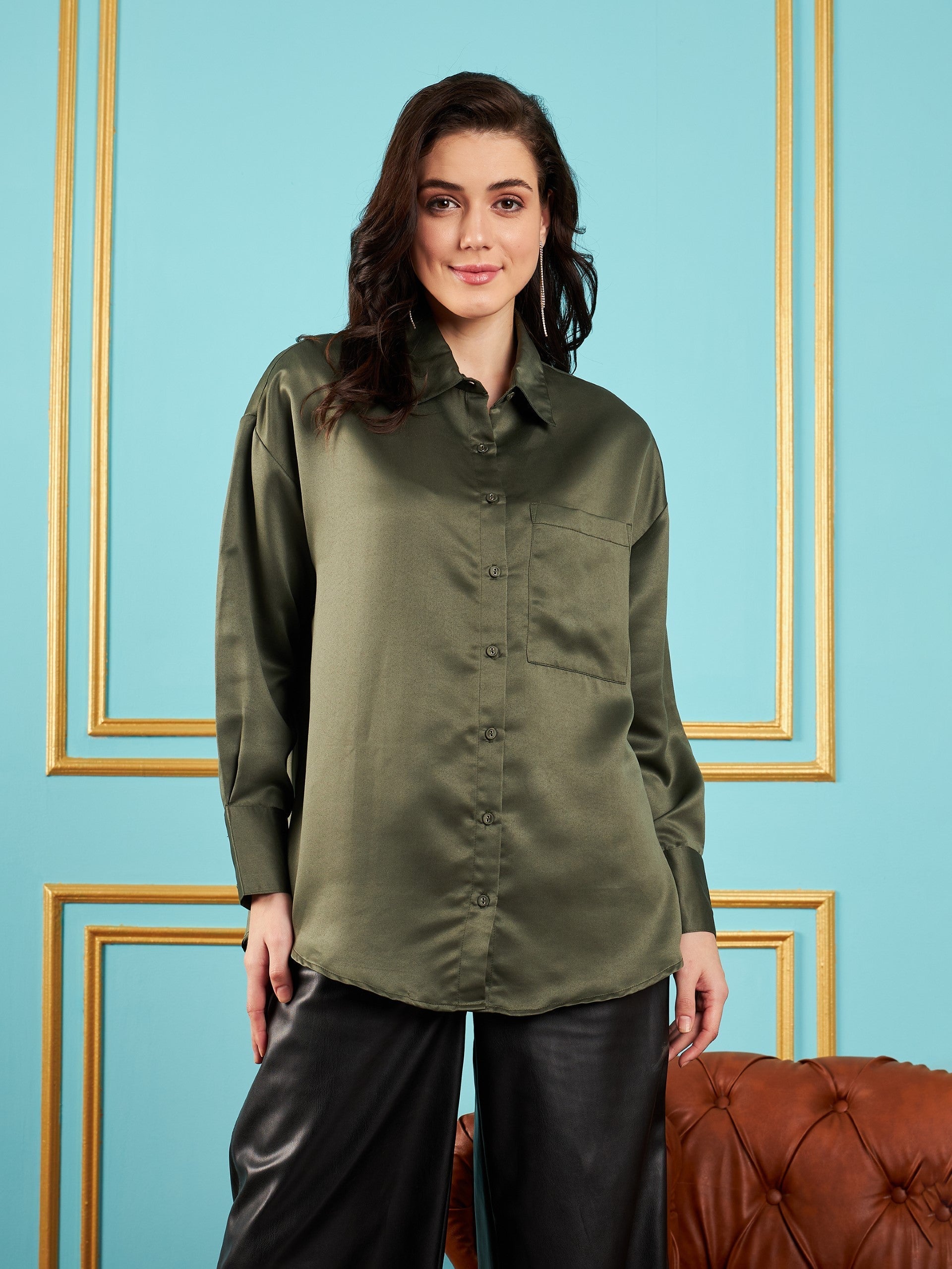 Women Olive Satin Oversized Shirt-SFSHRT20240