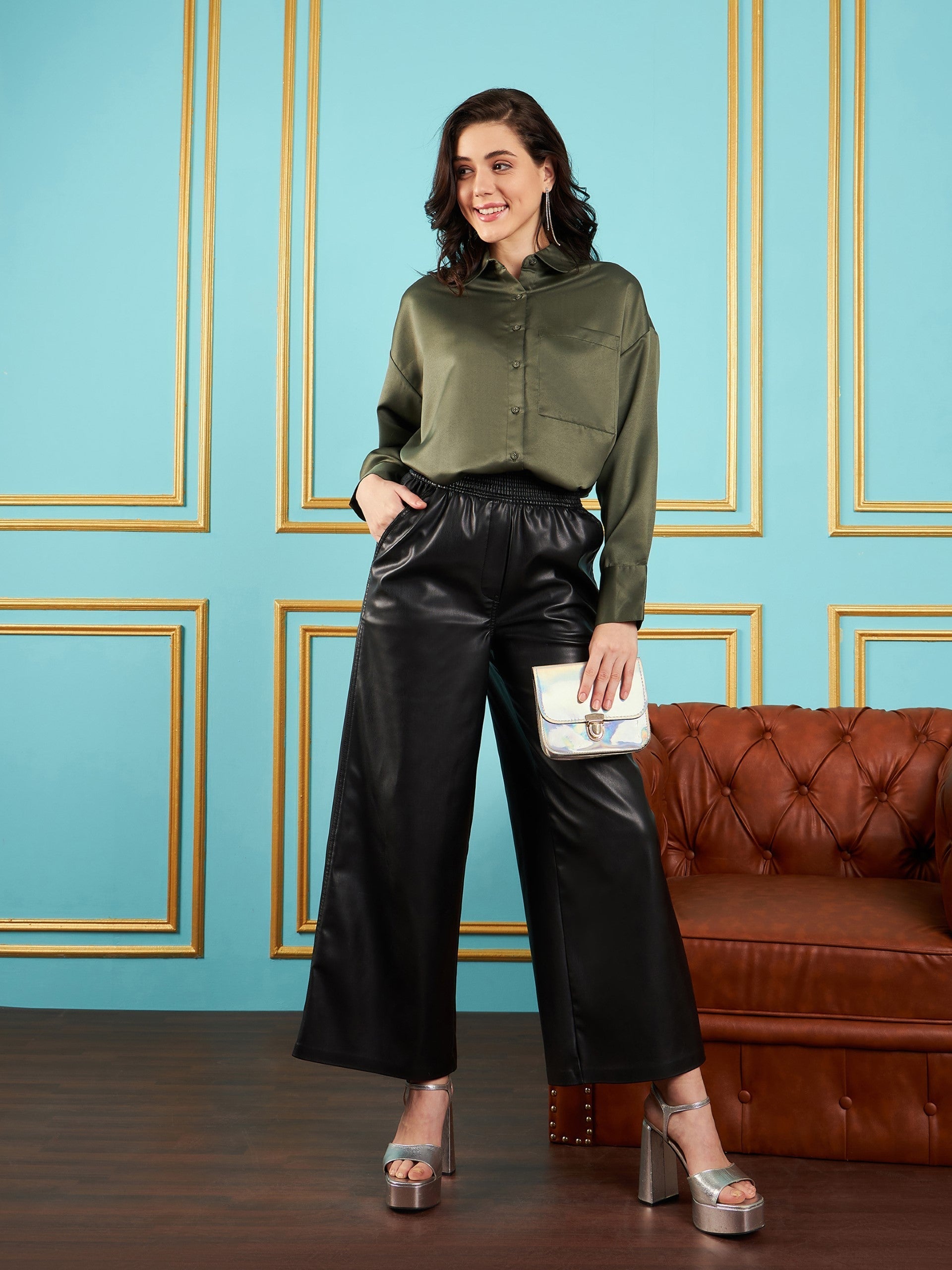 Women Olive Satin Oversized Shirt-SFSHRT20240