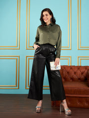 Women Olive Satin Oversized Shirt-SFSHRT20240