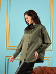 Women Olive Satin Oversized Shirt-SFSHRT20240