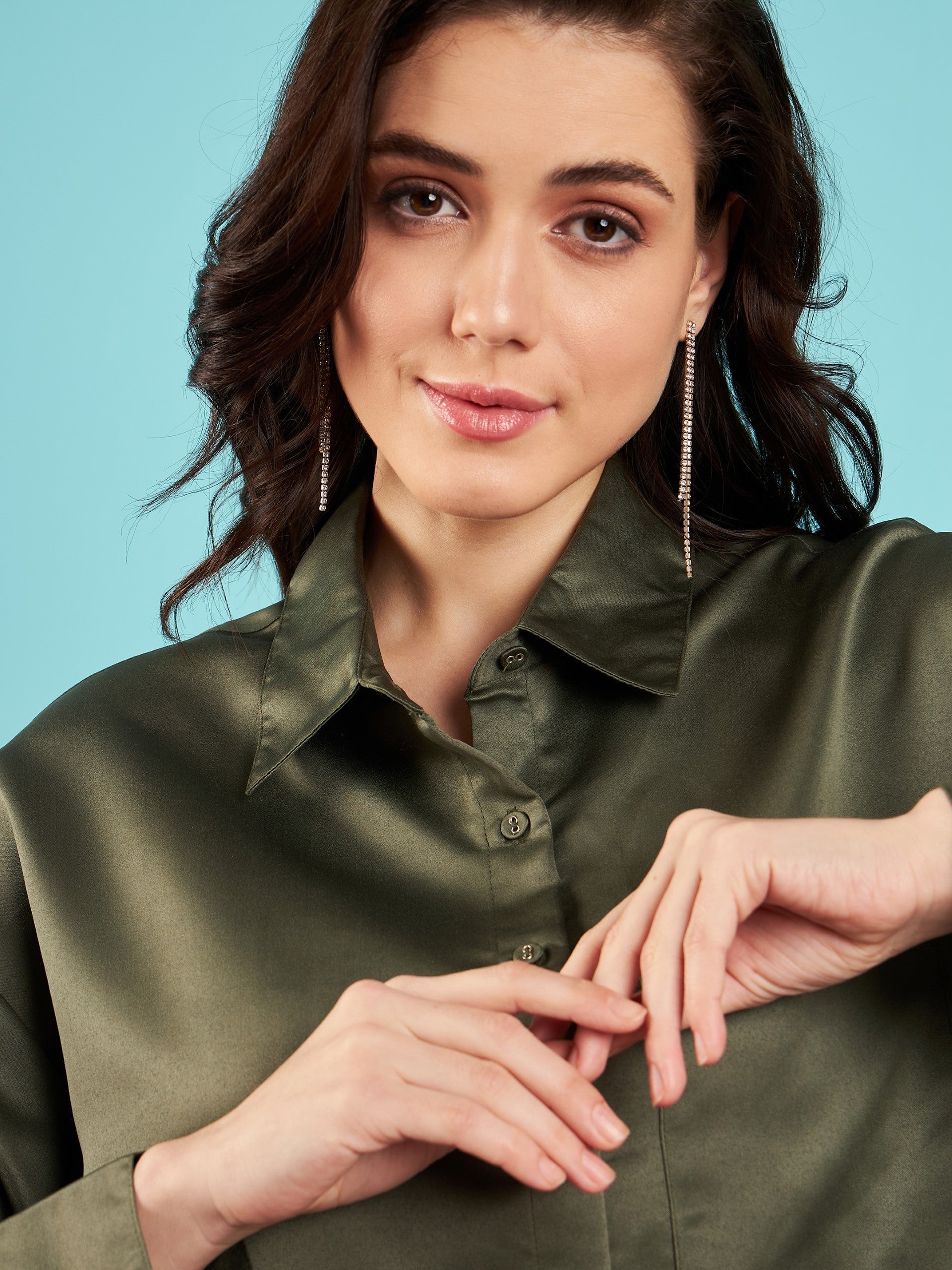 Women Olive Satin Oversized Shirt-SFSHRT20240