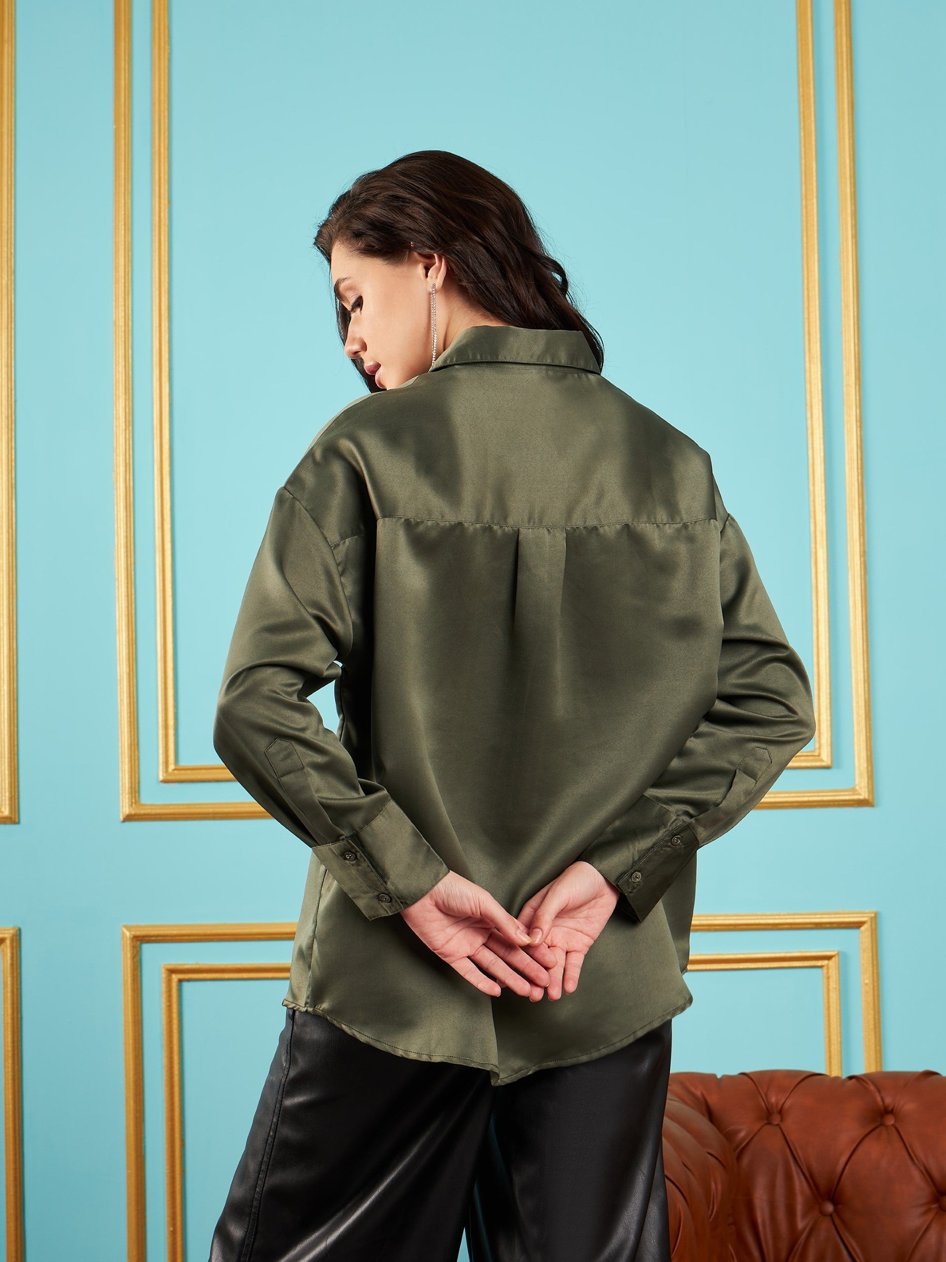 Women Olive Satin Oversized Shirt-SFSHRT20240