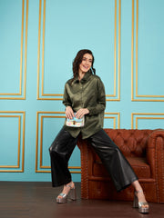 Women Olive Satin Oversized Shirt-SFSHRT20240