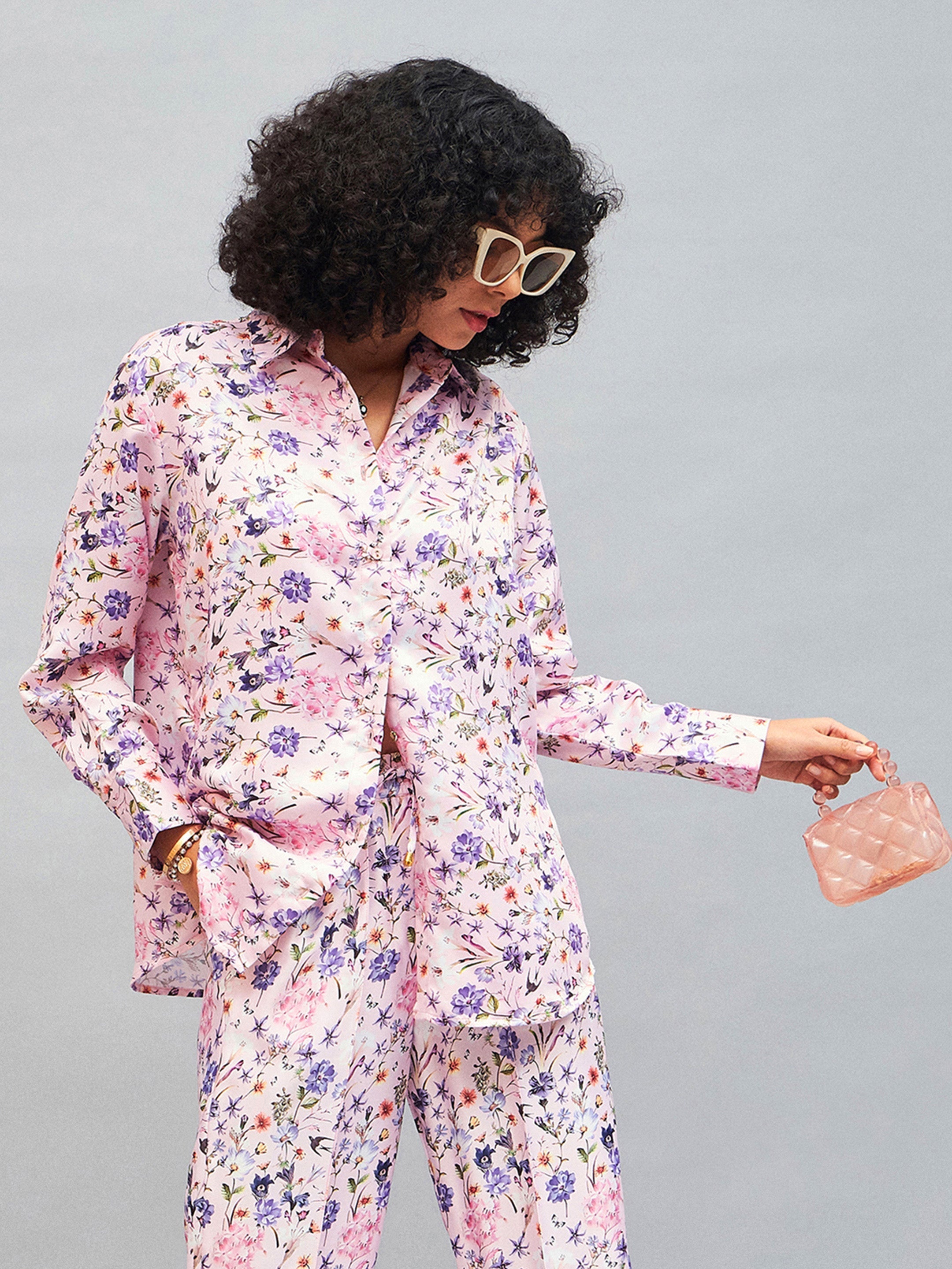 Women Pink Satin Floral Oversized Shirt-SFSHRT20243