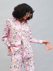 Women Pink Satin Floral Oversized Shirt-SFSHRT20243