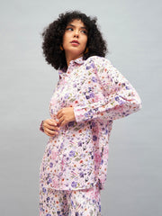 Women Pink Satin Floral Oversized Shirt-SFSHRT20243