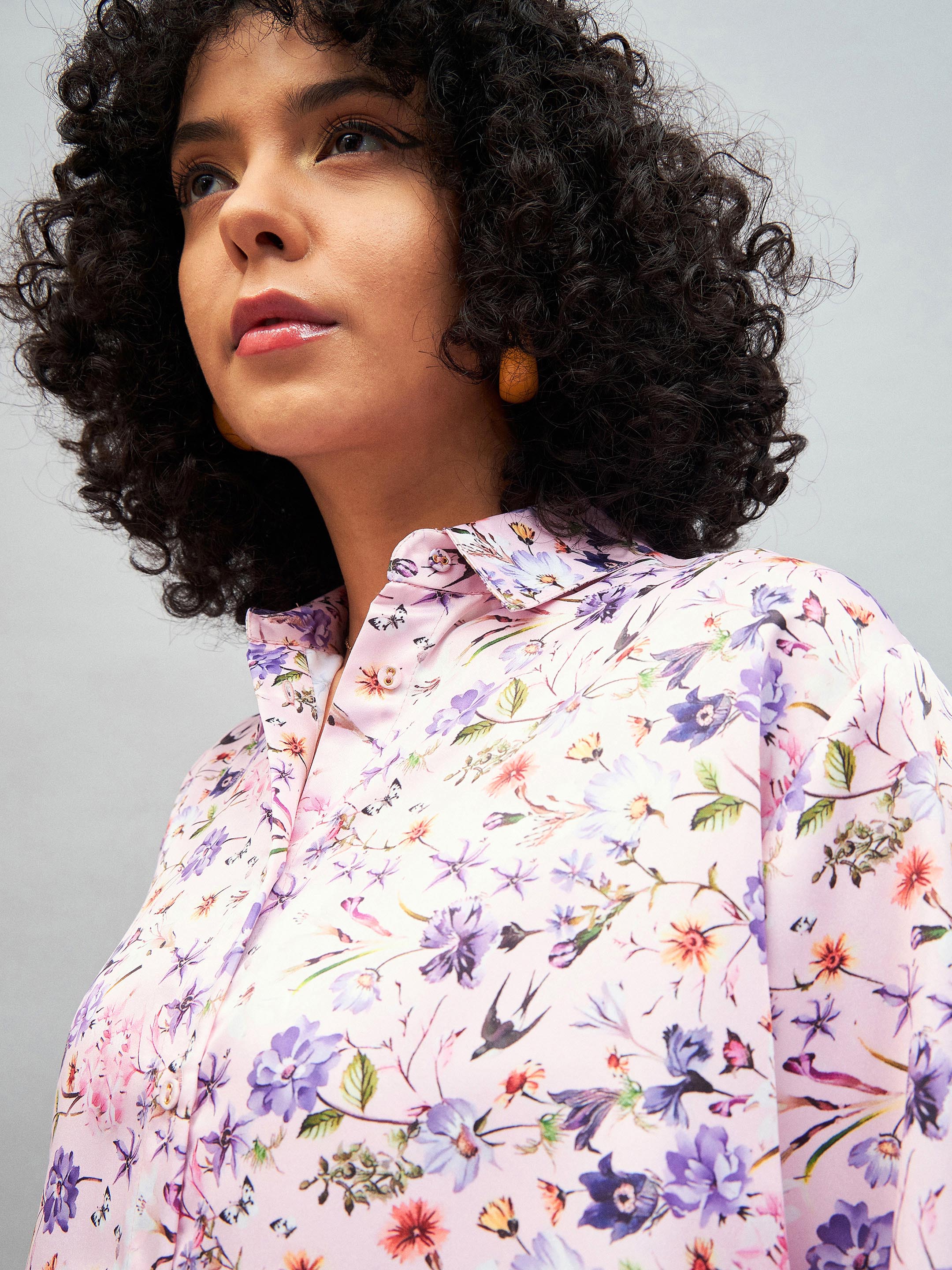 Women Pink Satin Floral Oversized Shirt-SFSHRT20243