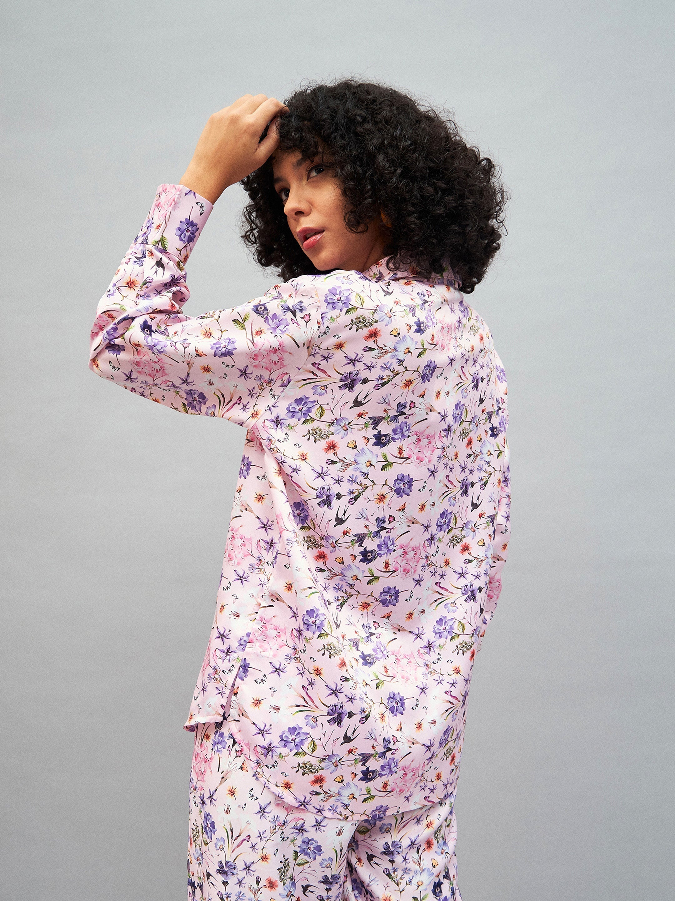 Women Pink Satin Floral Oversized Shirt-SFSHRT20243