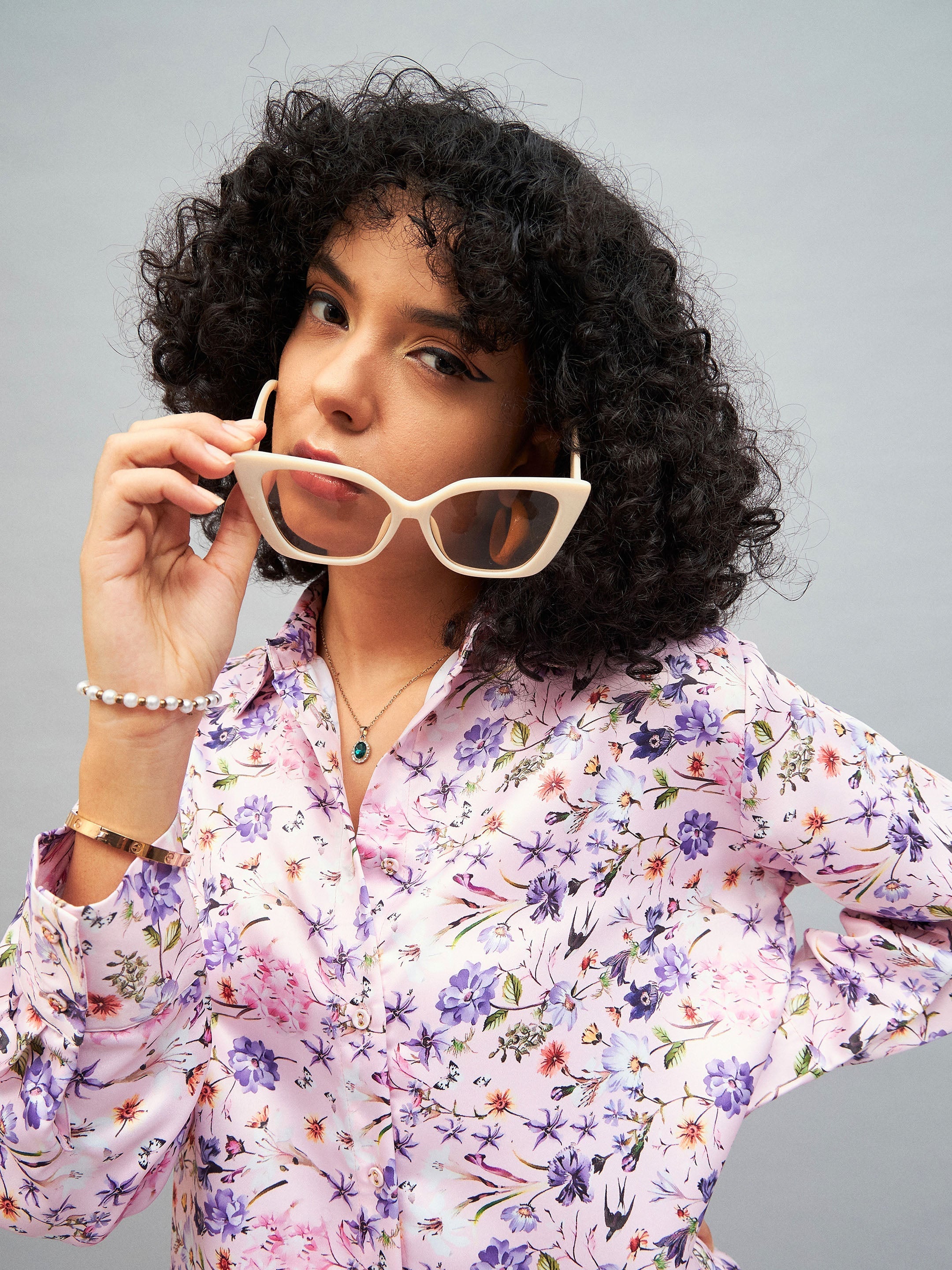 Women Pink Satin Floral Oversized Shirt-SFSHRT20243