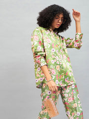 Women Olive Satin Floral Oversized Shirt-SFSHRT20245