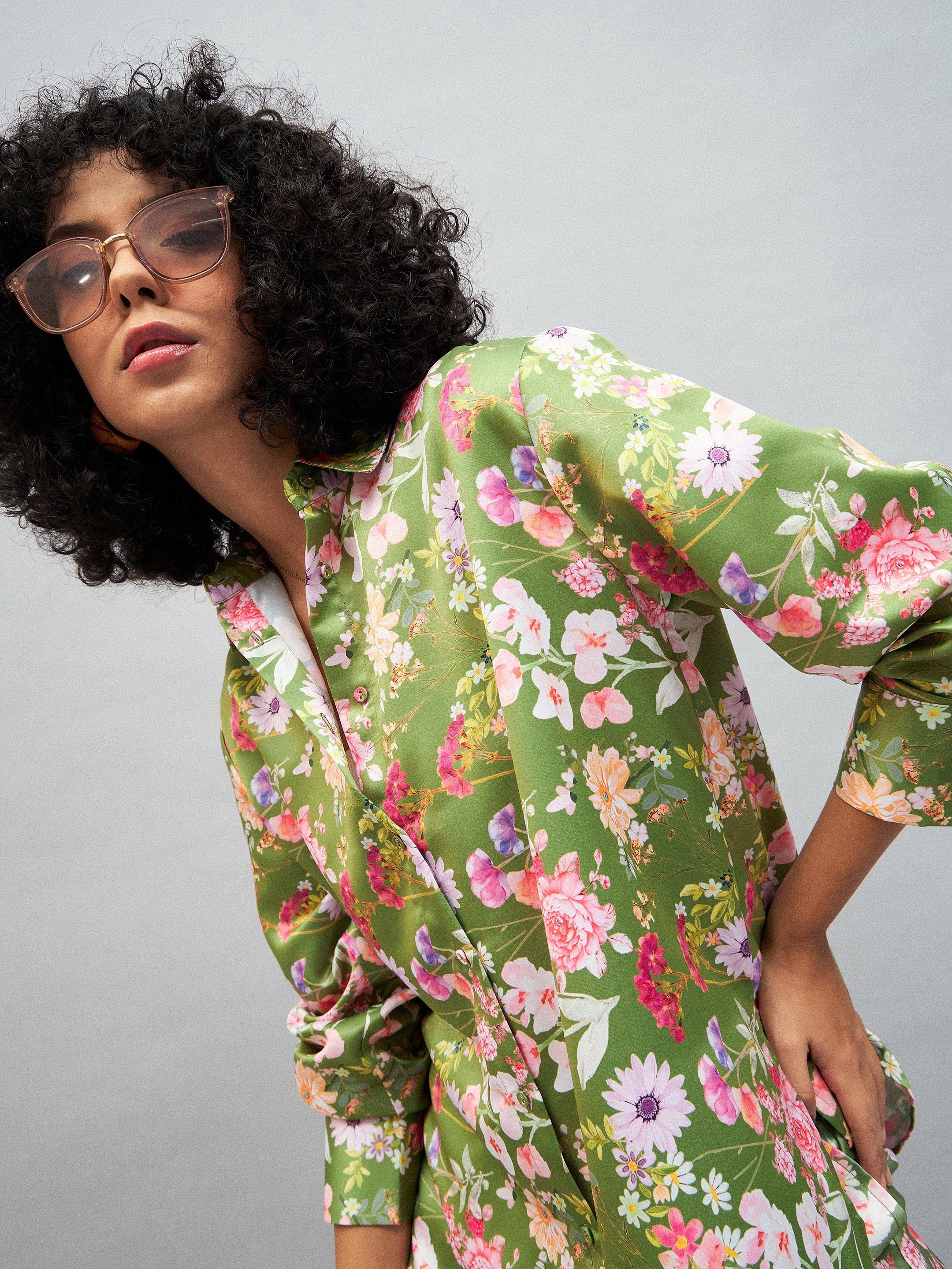 Women Olive Satin Floral Oversized Shirt-SFSHRT20245