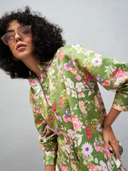 Women Olive Satin Floral Oversized Shirt-SFSHRT20245
