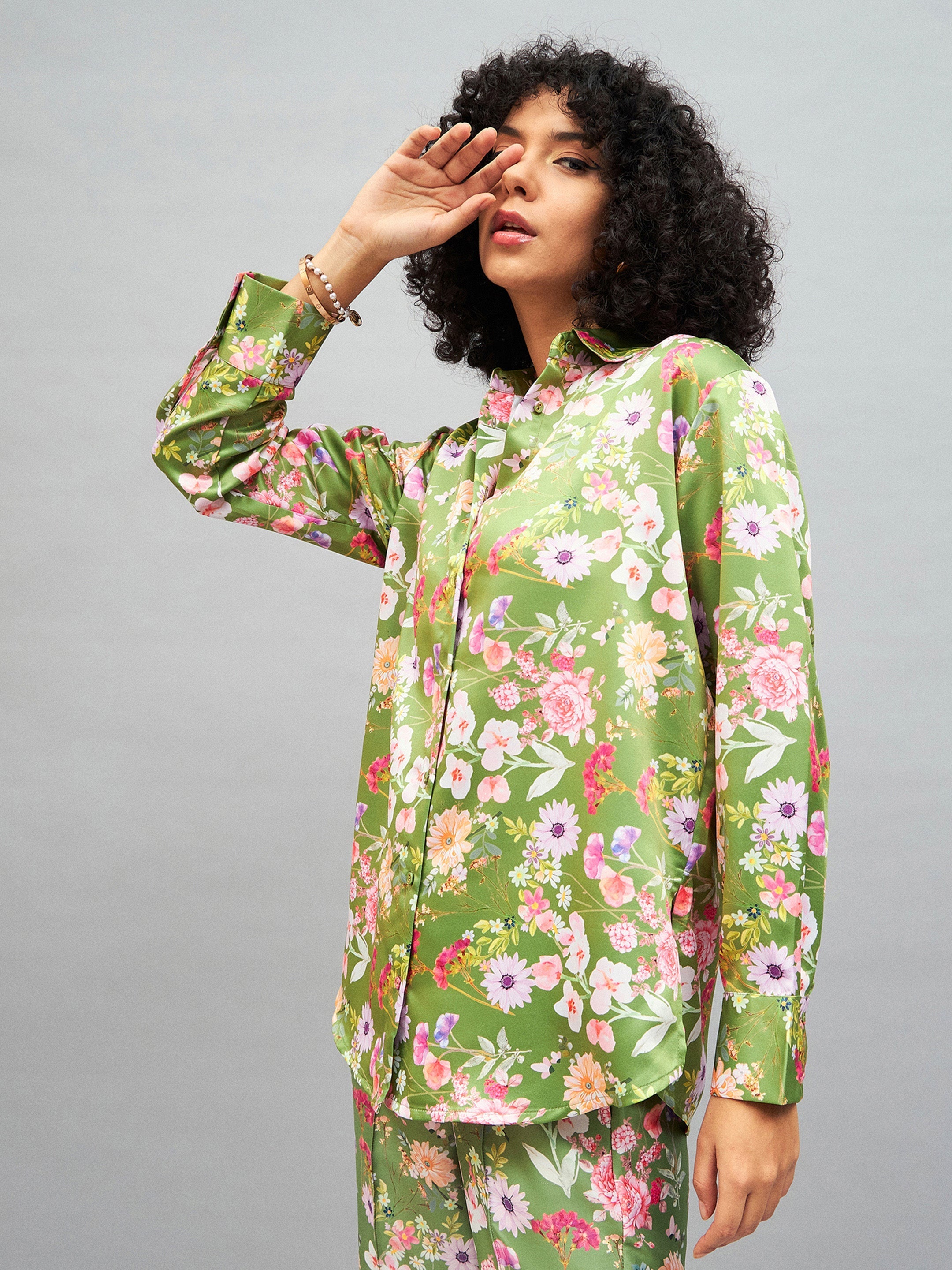 Women Olive Satin Floral Oversized Shirt-SFSHRT20245