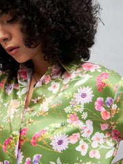 Women Olive Satin Floral Oversized Shirt-SFSHRT20245