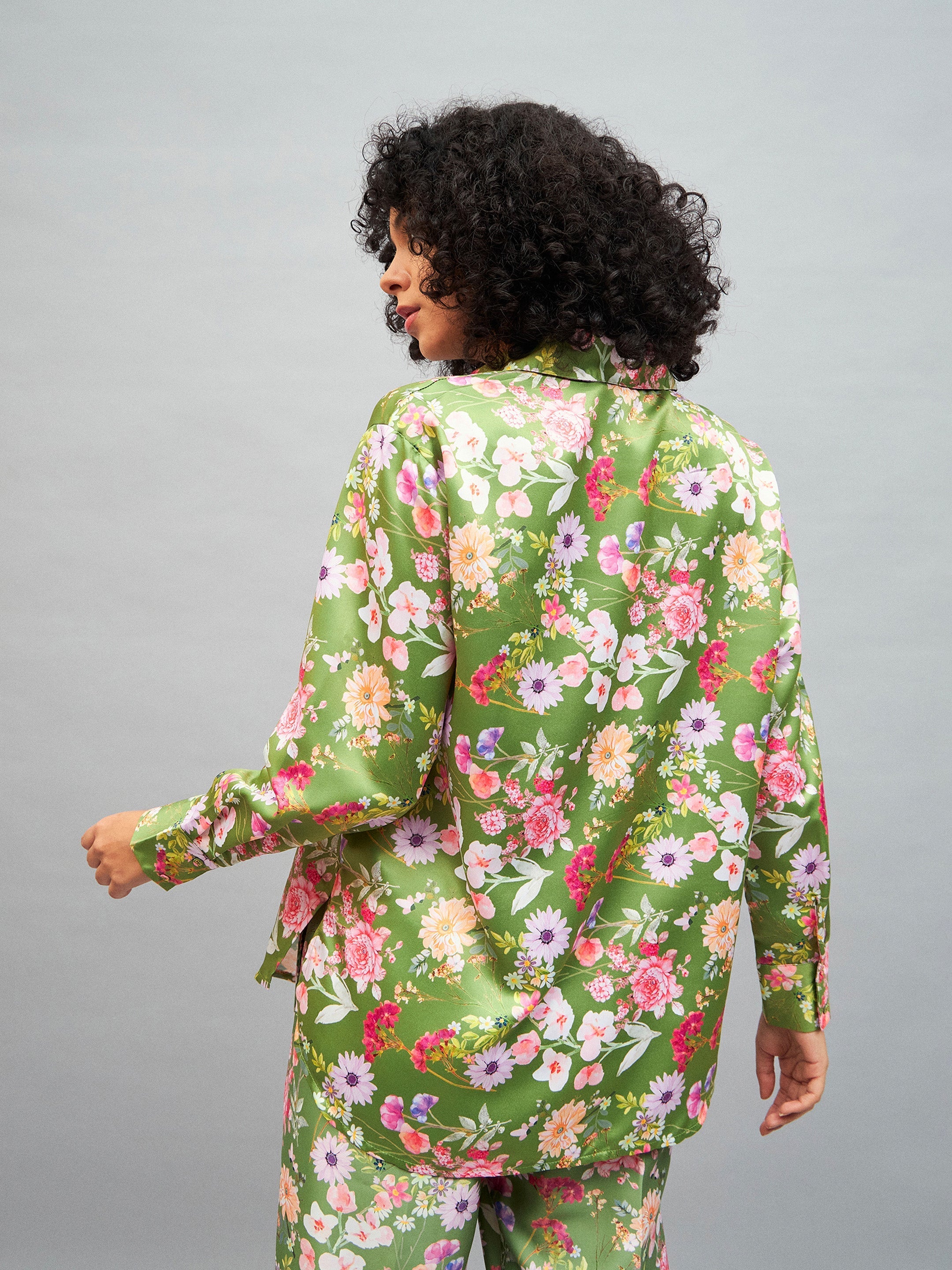 Women Olive Satin Floral Oversized Shirt-SFSHRT20245