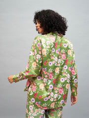 Women Olive Satin Floral Oversized Shirt-SFSHRT20245