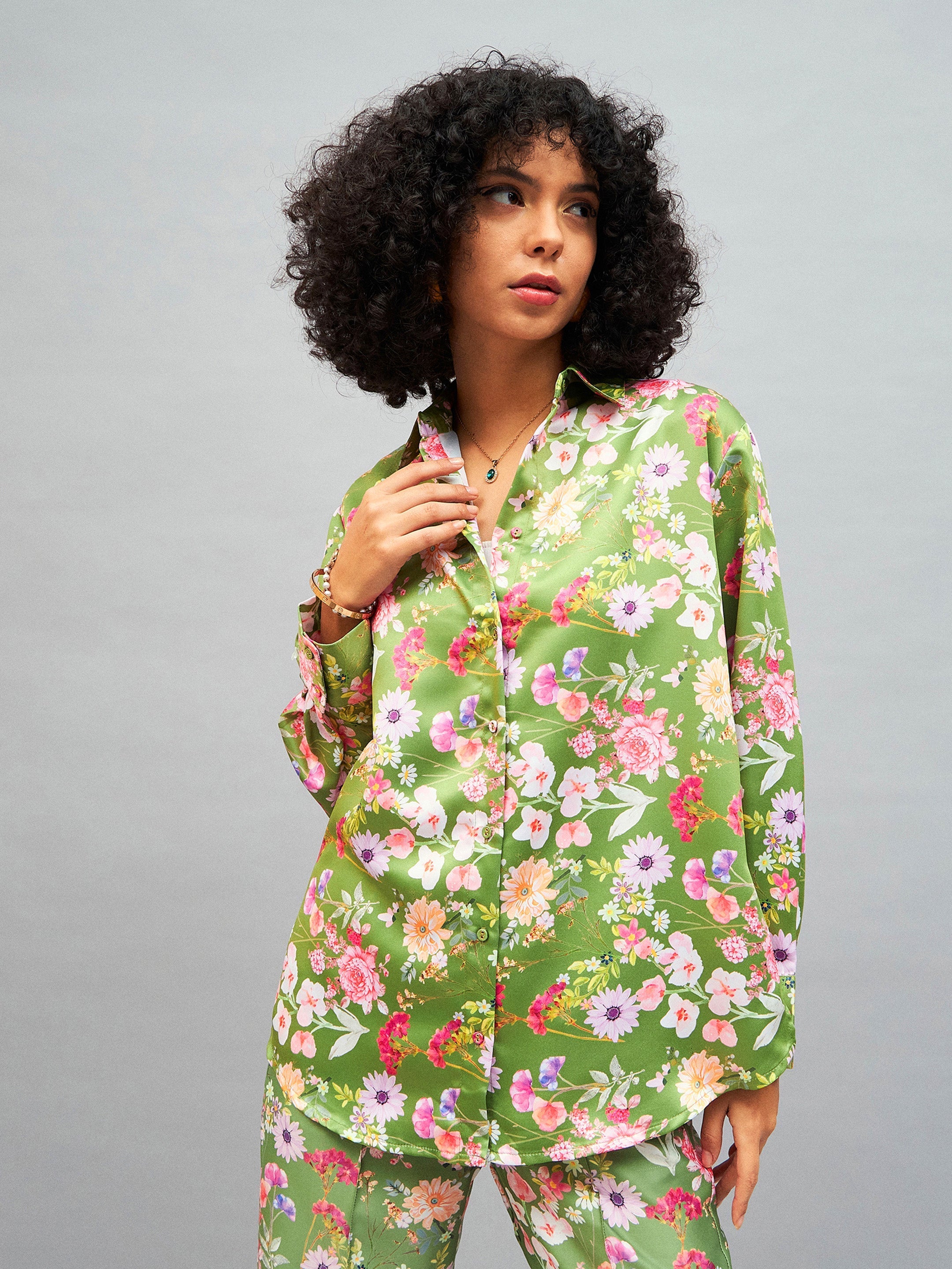 Women Olive Satin Floral Oversized Shirt-SFSHRT20245