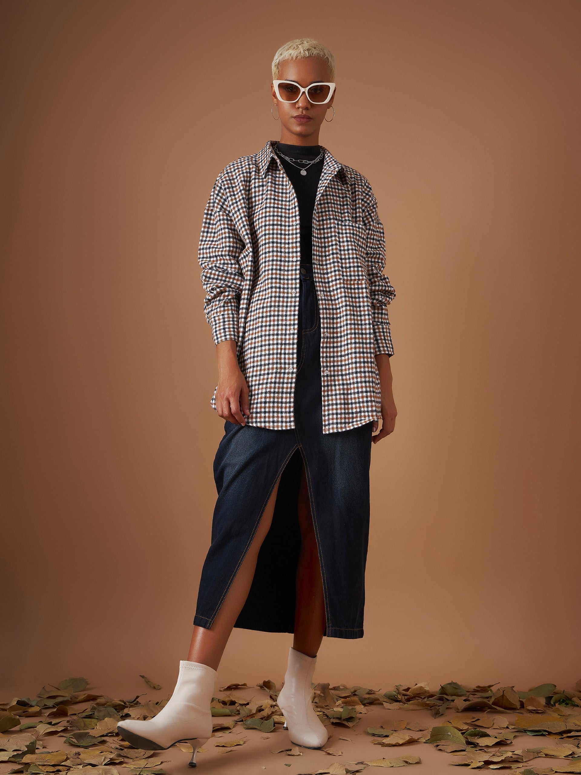 Women Brown Flannel Check Oversized Shirt-SFSHRT20300