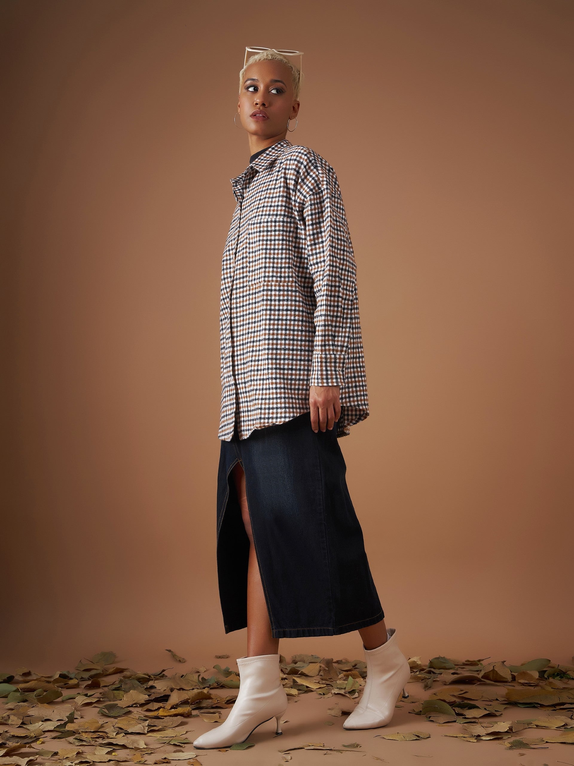 Women Brown Flannel Check Oversized Shirt-SFSHRT20300