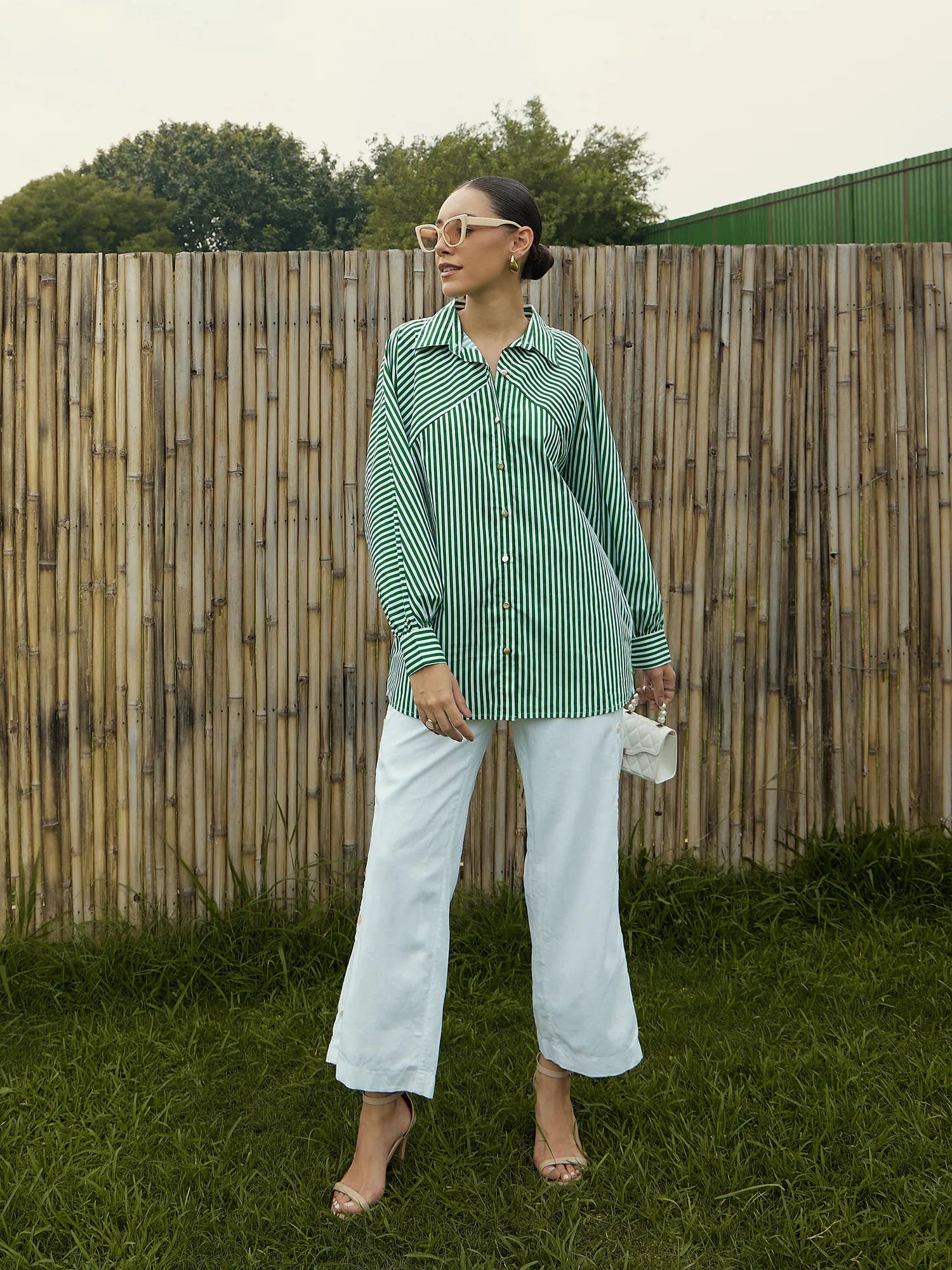 Green & White Striped Oversized Shirt | Women's Cotton Top