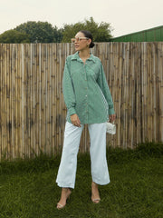 Women Green & White Stripe Oversized Shirt-SFSHRT20469