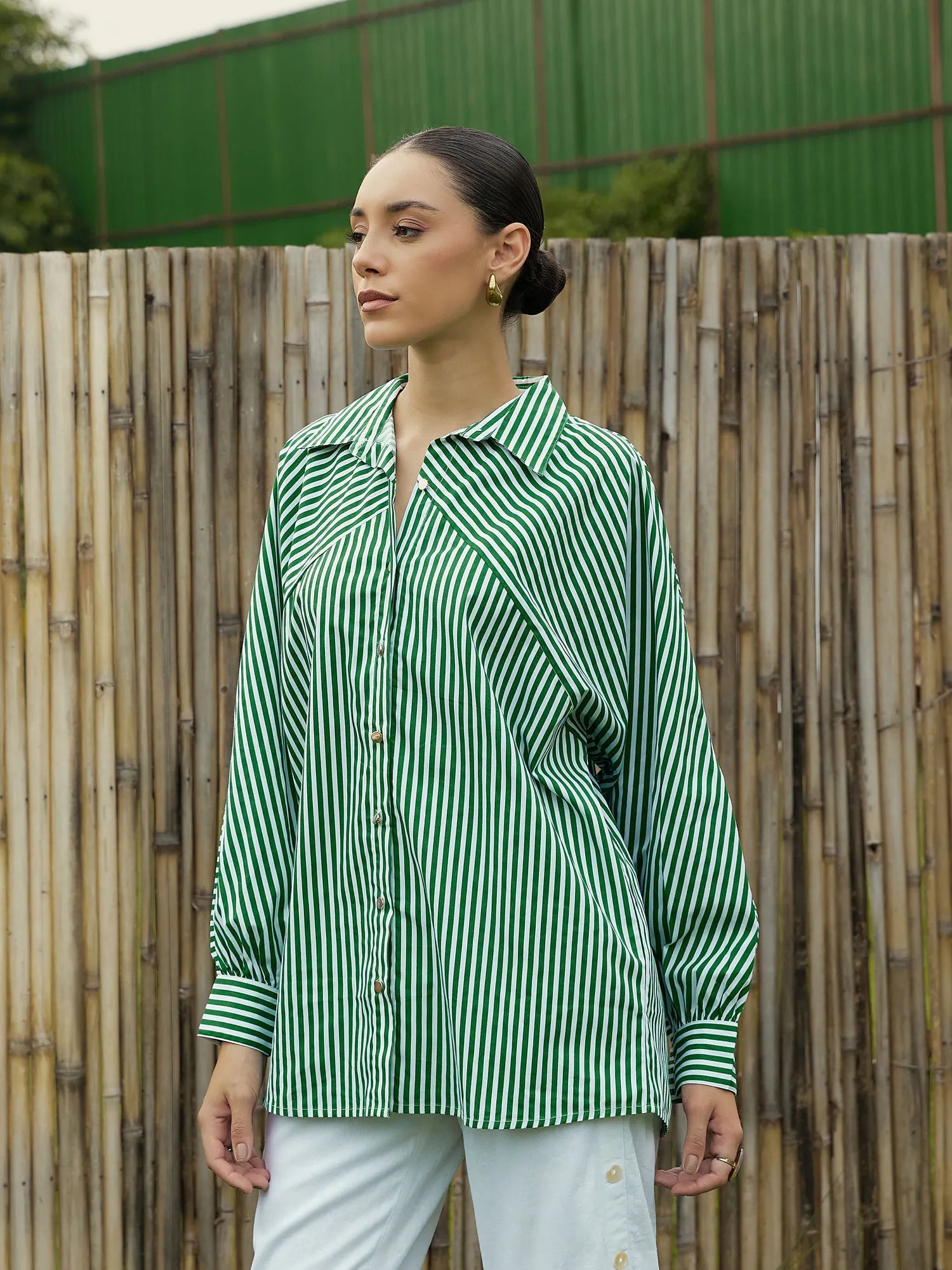Green & White Striped Oversized Shirt | Women's Cotton Top