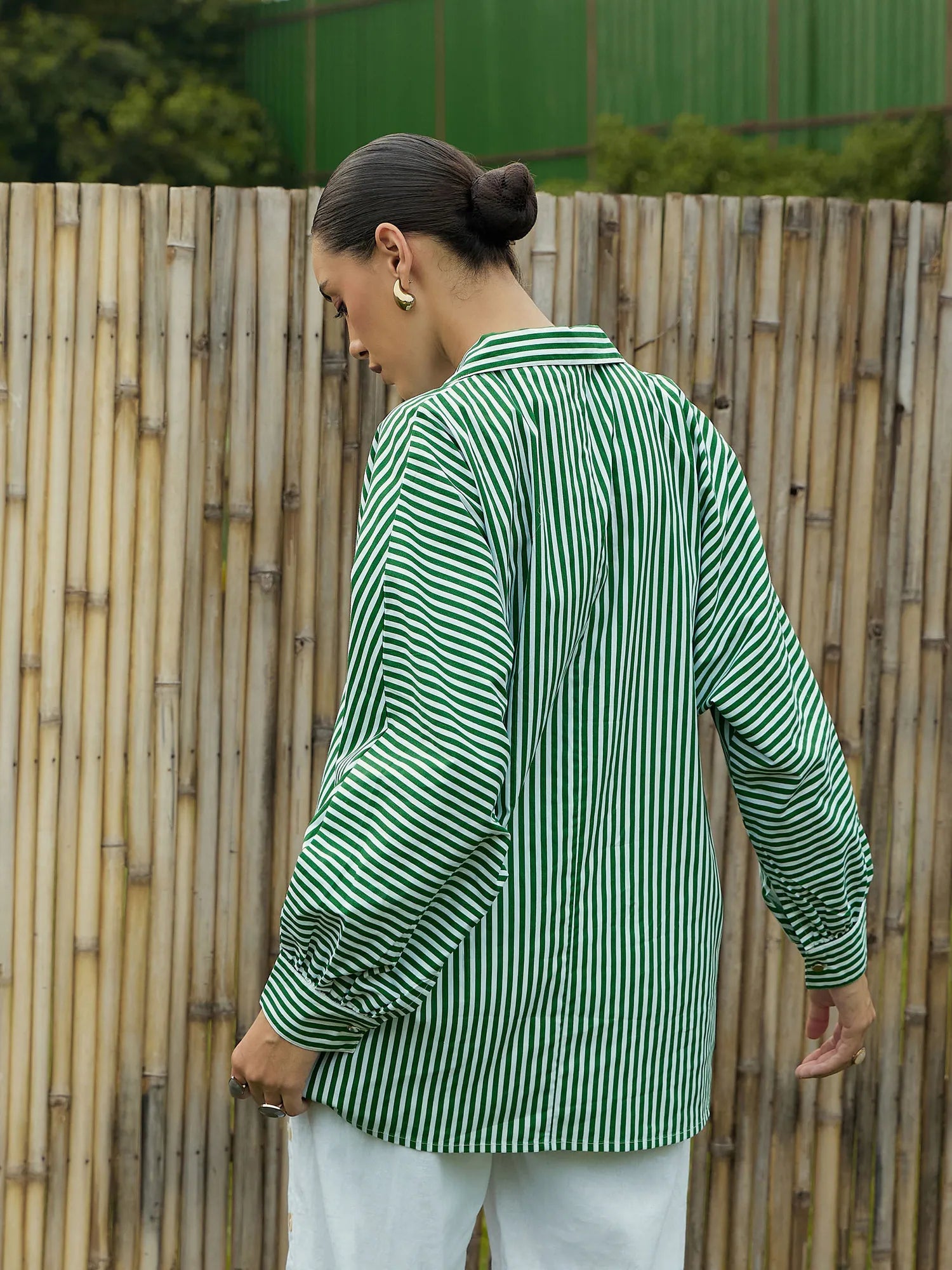 Green & White Striped Oversized Shirt | Women's Cotton Top