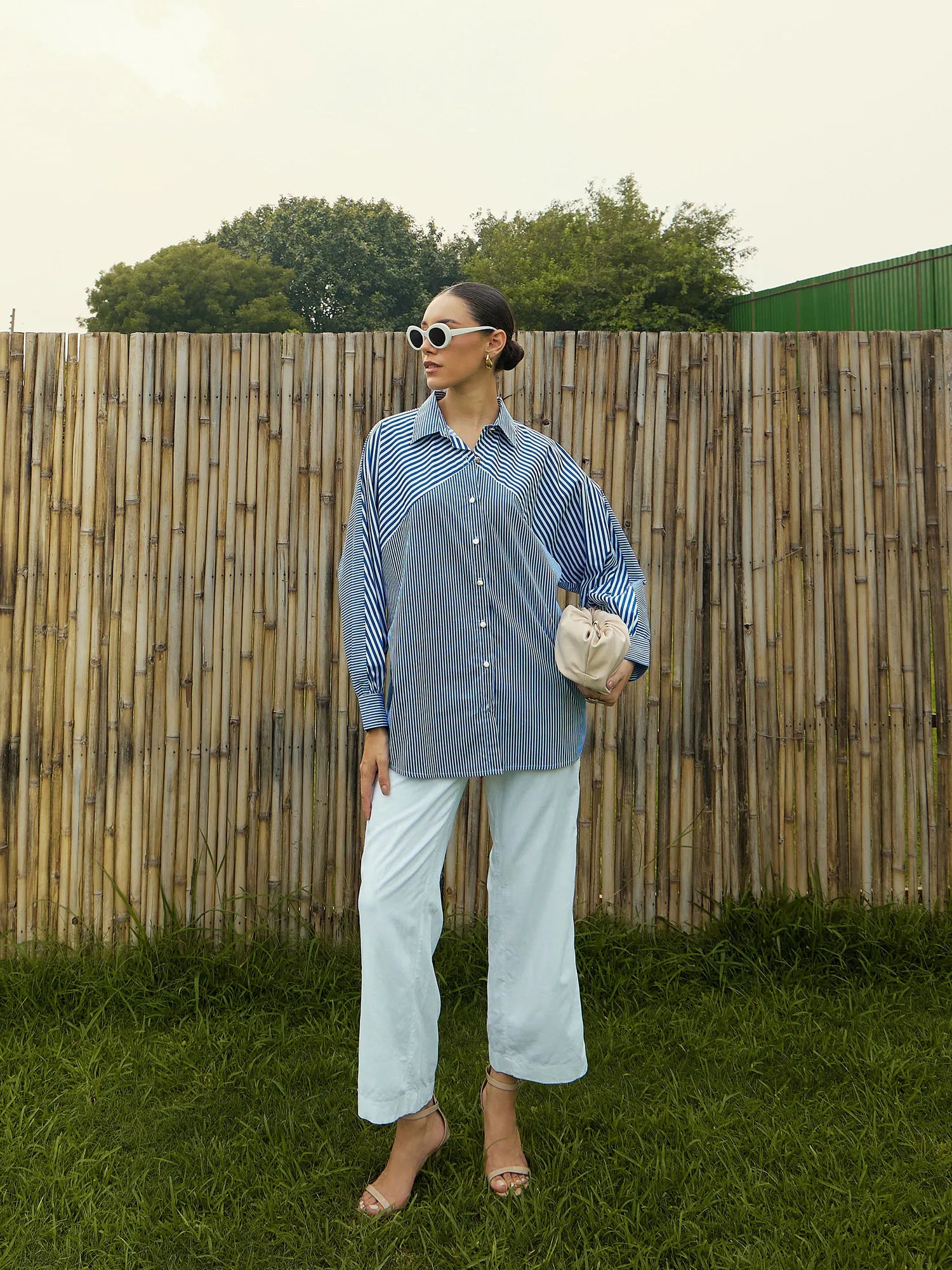 Blue & White Striped Oversized Shirt for Women | Cotton