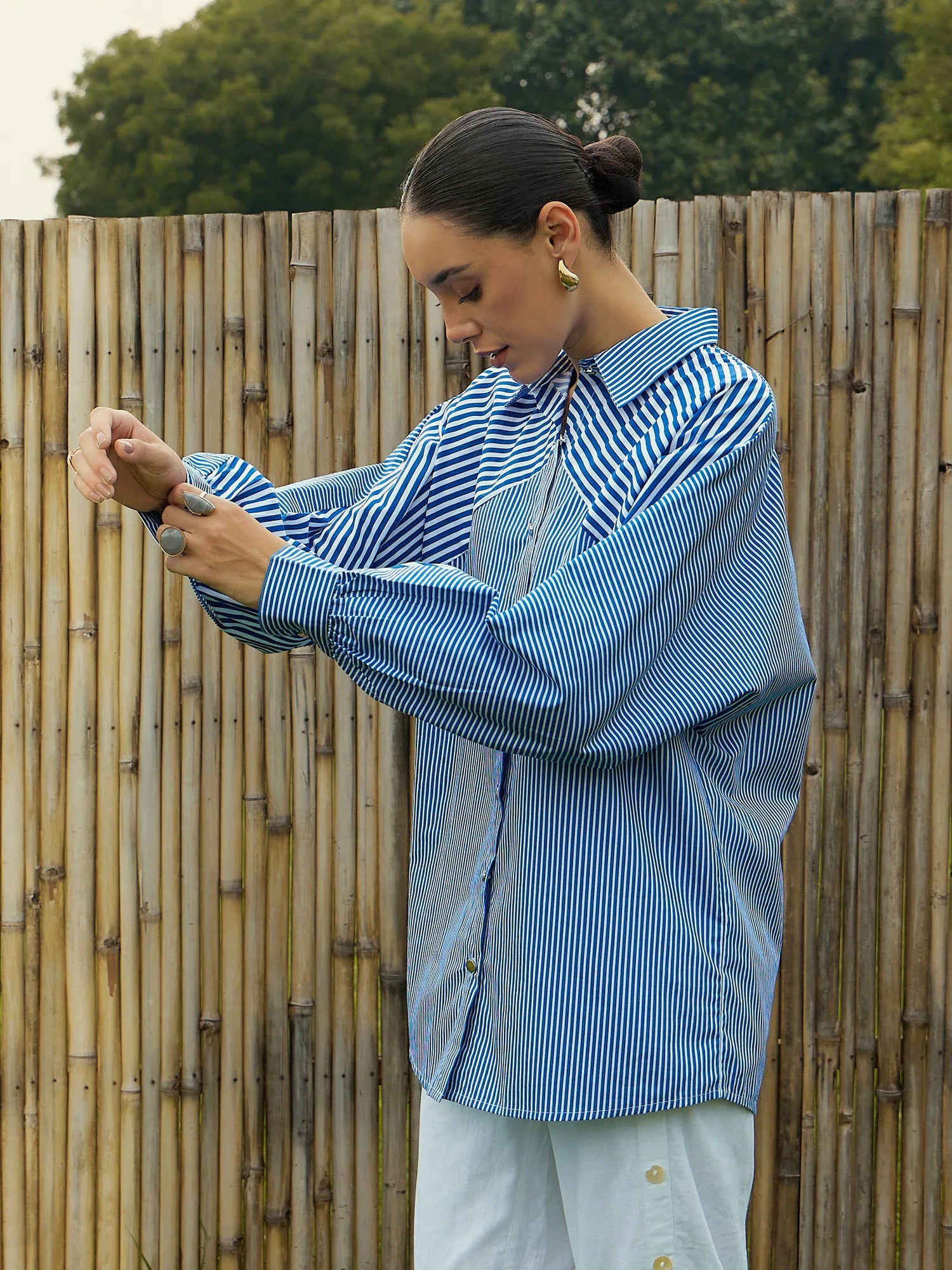 Blue & White Striped Oversized Shirt for Women | Cotton