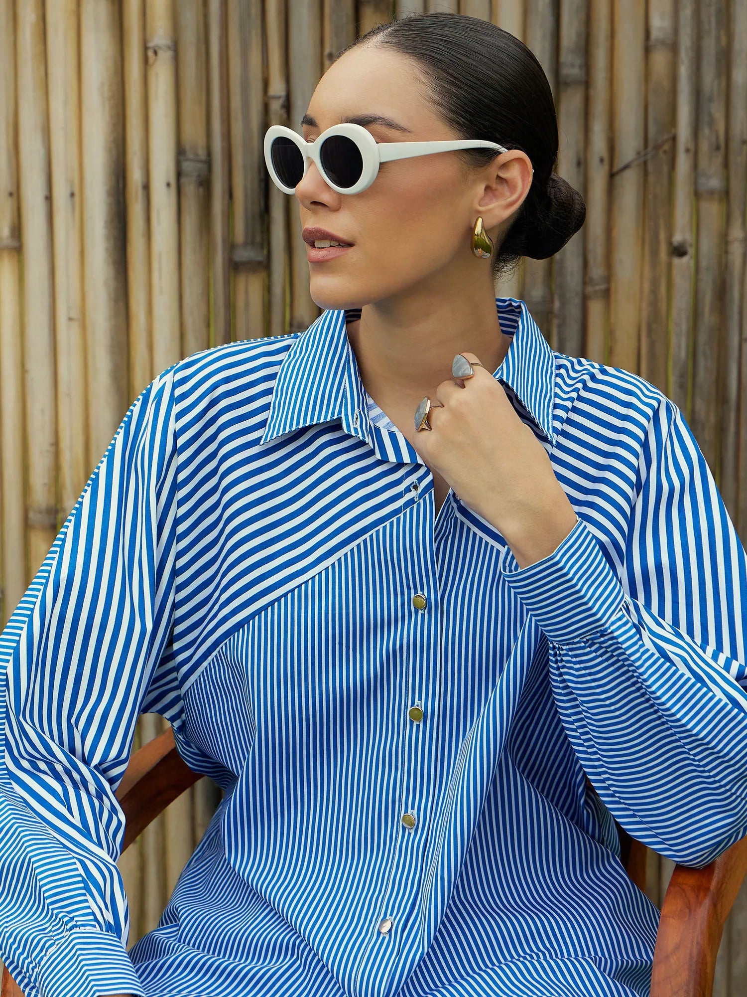 Blue & White Striped Oversized Shirt for Women | Cotton