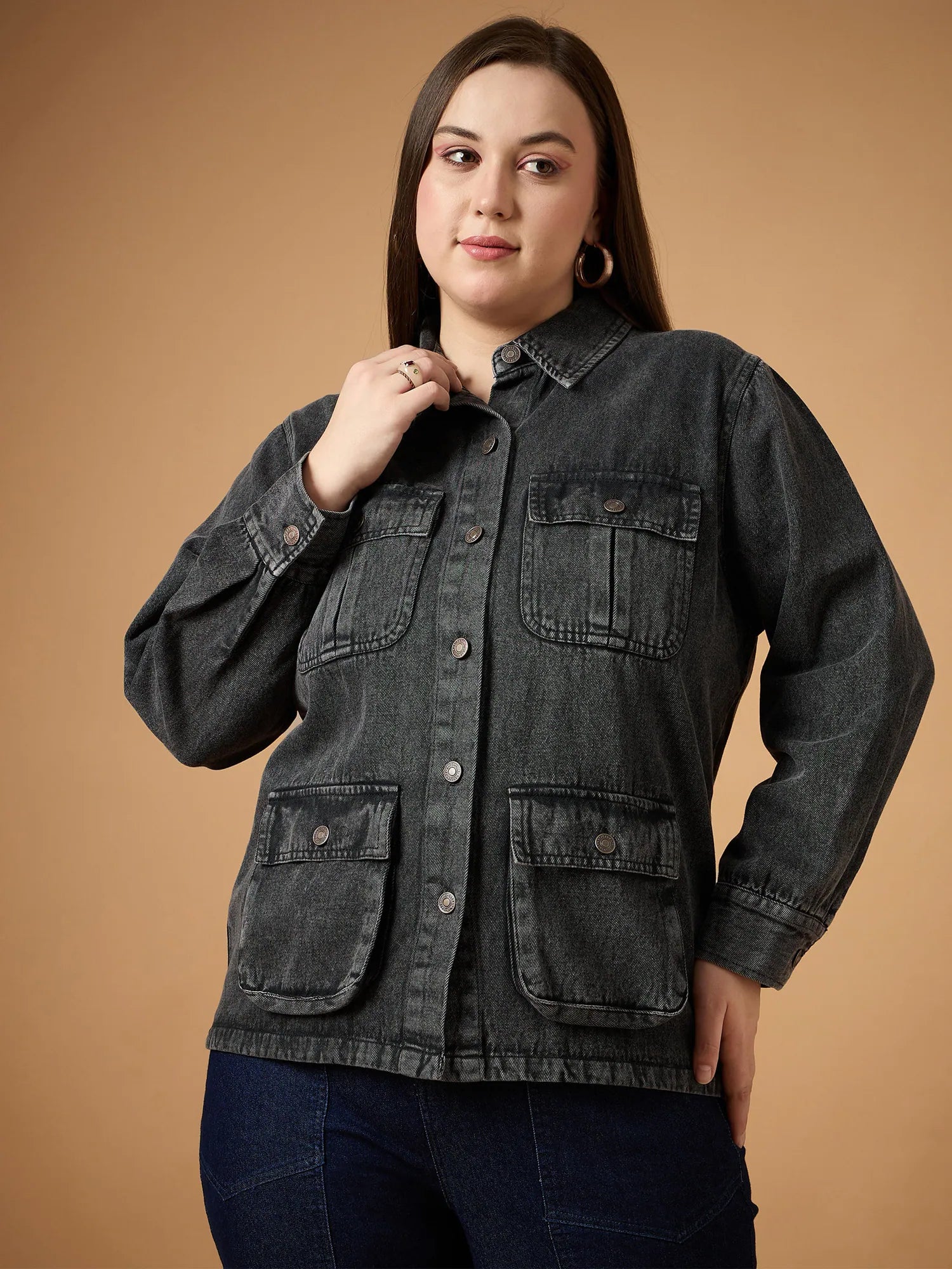 Black Acid Wash Denim Shacket - Women's Fashion Jackets