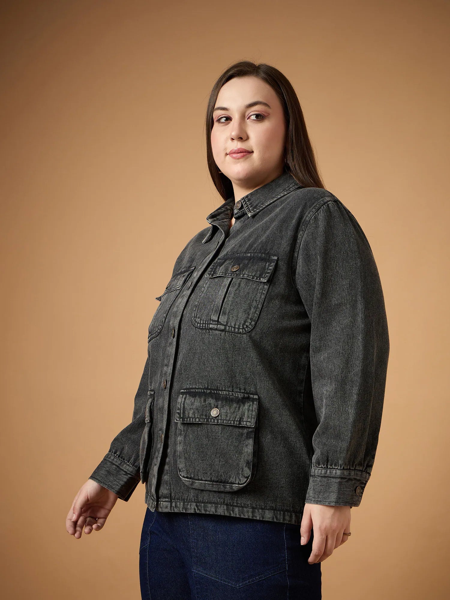 Black Acid Wash Denim Shacket - Women's Fashion Jackets