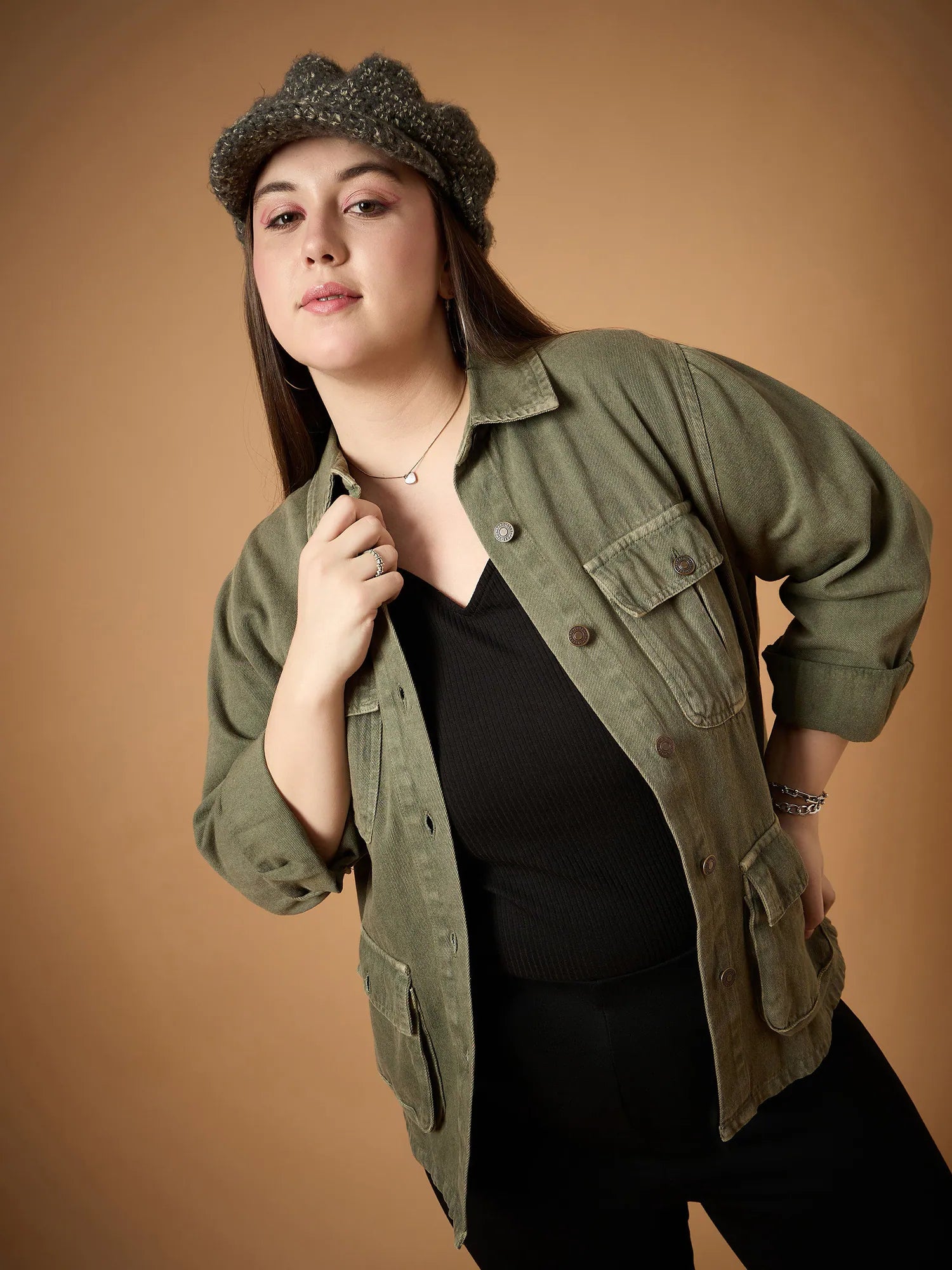 Olive Acid Wash Denim Shacket - Women's Fashion Outerwear