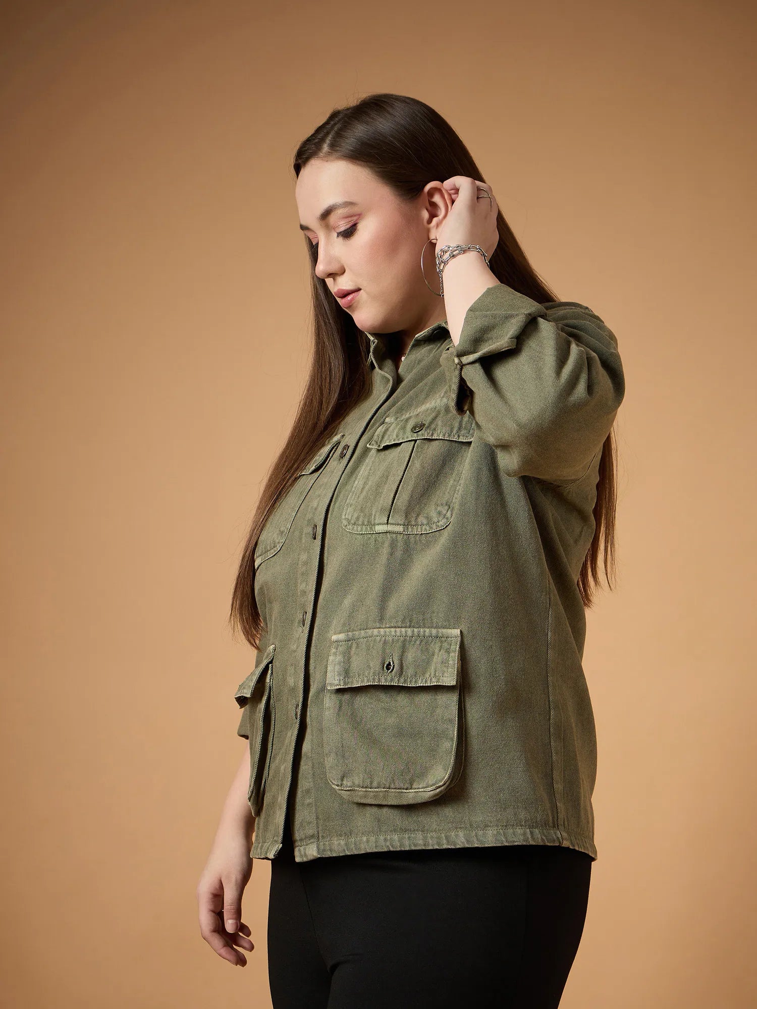 Olive Acid Wash Denim Shacket - Women's Fashion Outerwear