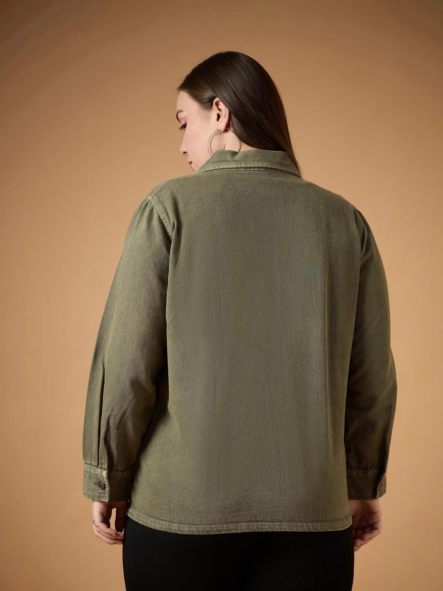 Olive Acid Wash Denim Shacket - Women's Fashion Outerwear