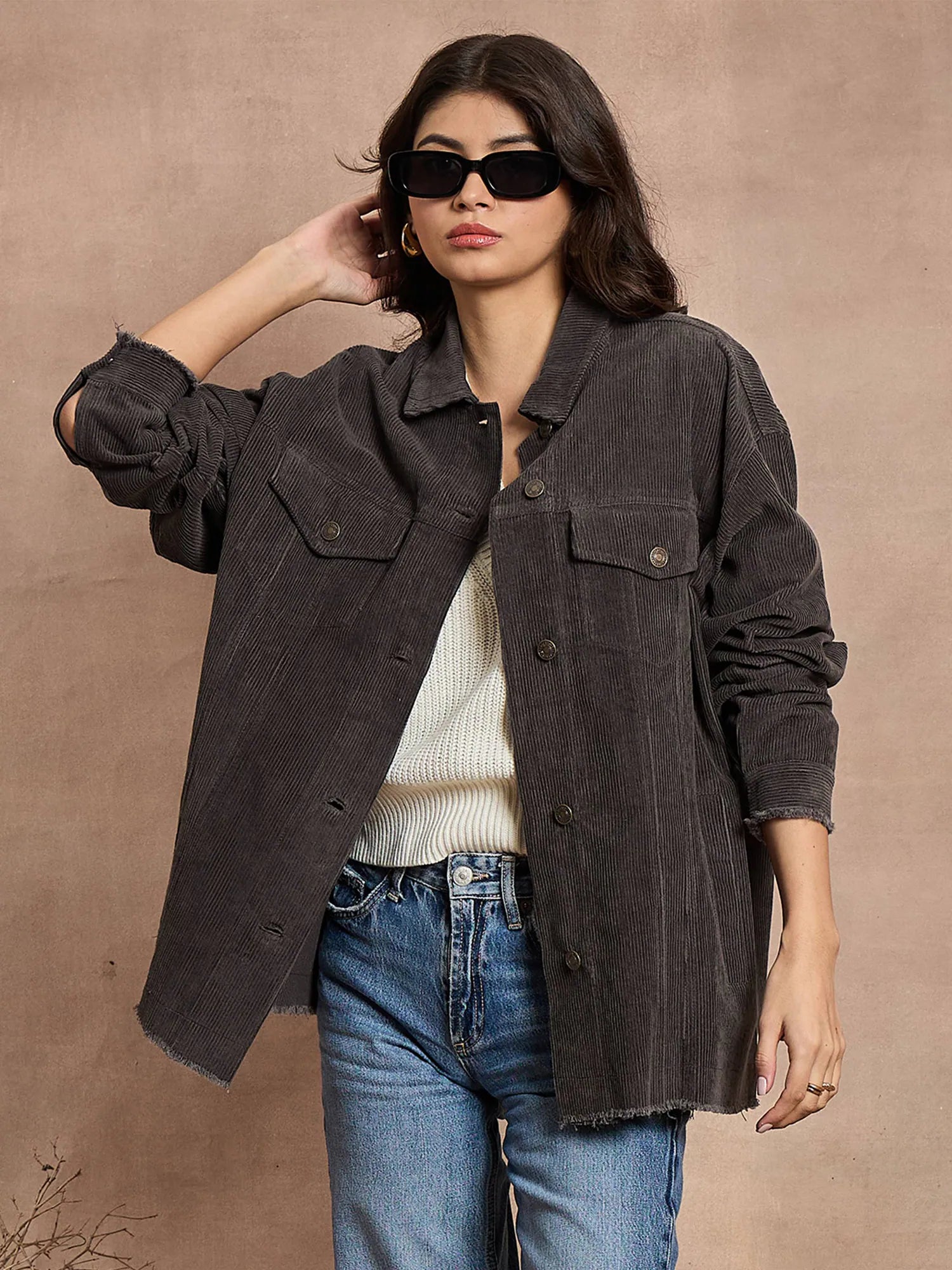 Dark Grey Corduroy Shacket - Trendy Women's Outerwear
