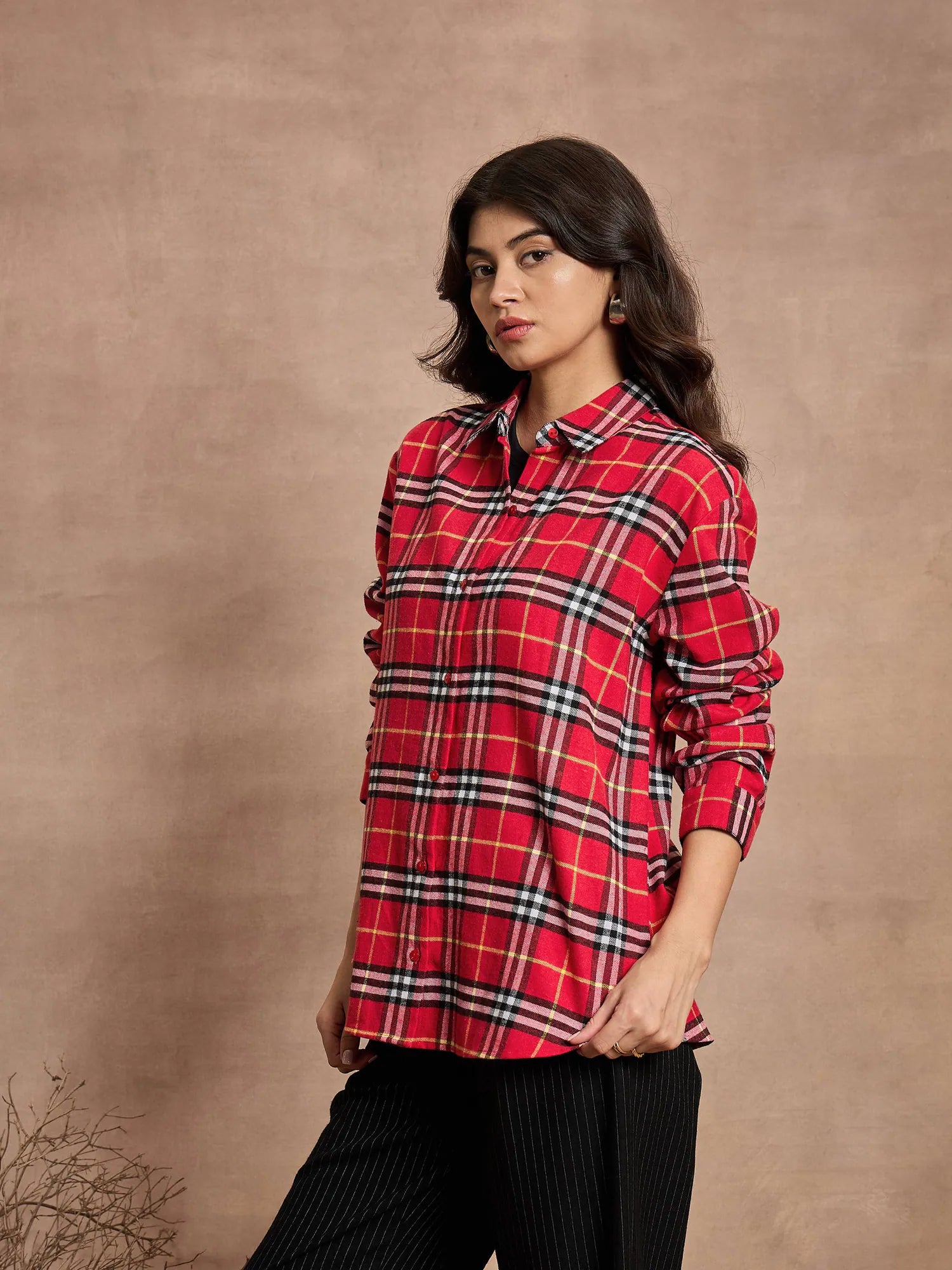 Red Check Oversized Cotton Shirt | Women's Casual Style