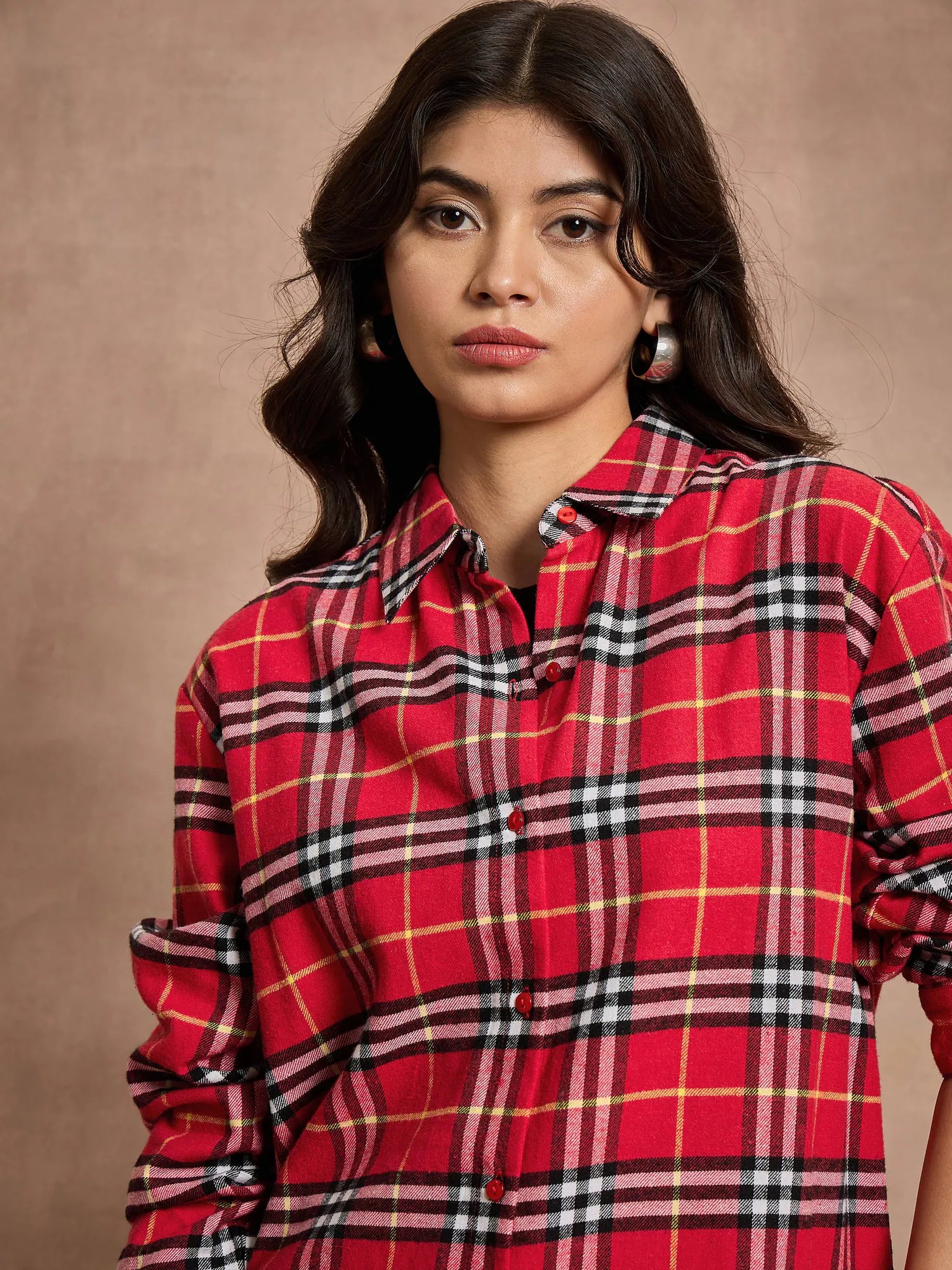Red Check Oversized Cotton Shirt | Women's Casual Style