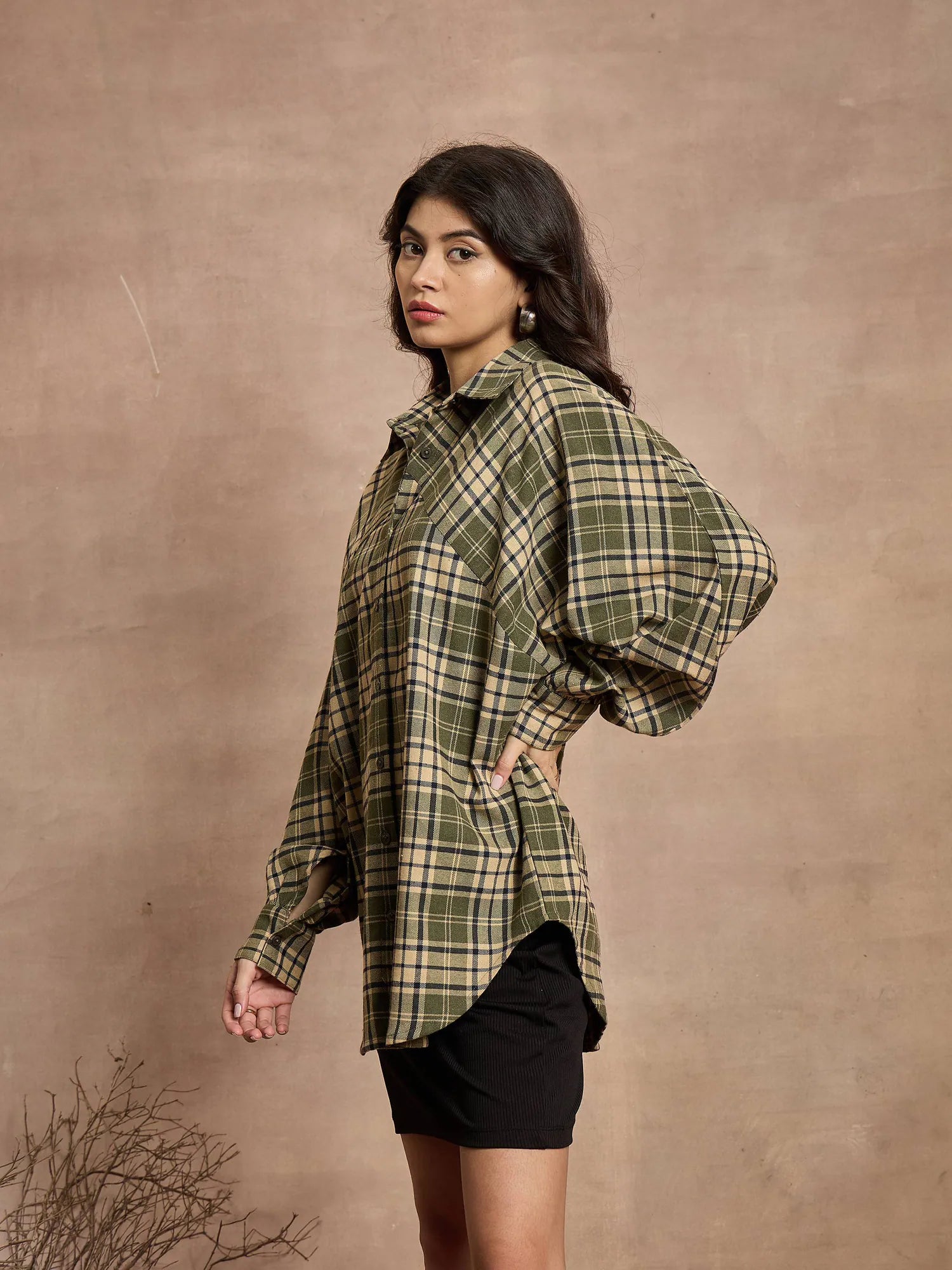 Green & Beige Checked Oversized Shirt | Lehenga for Women Style