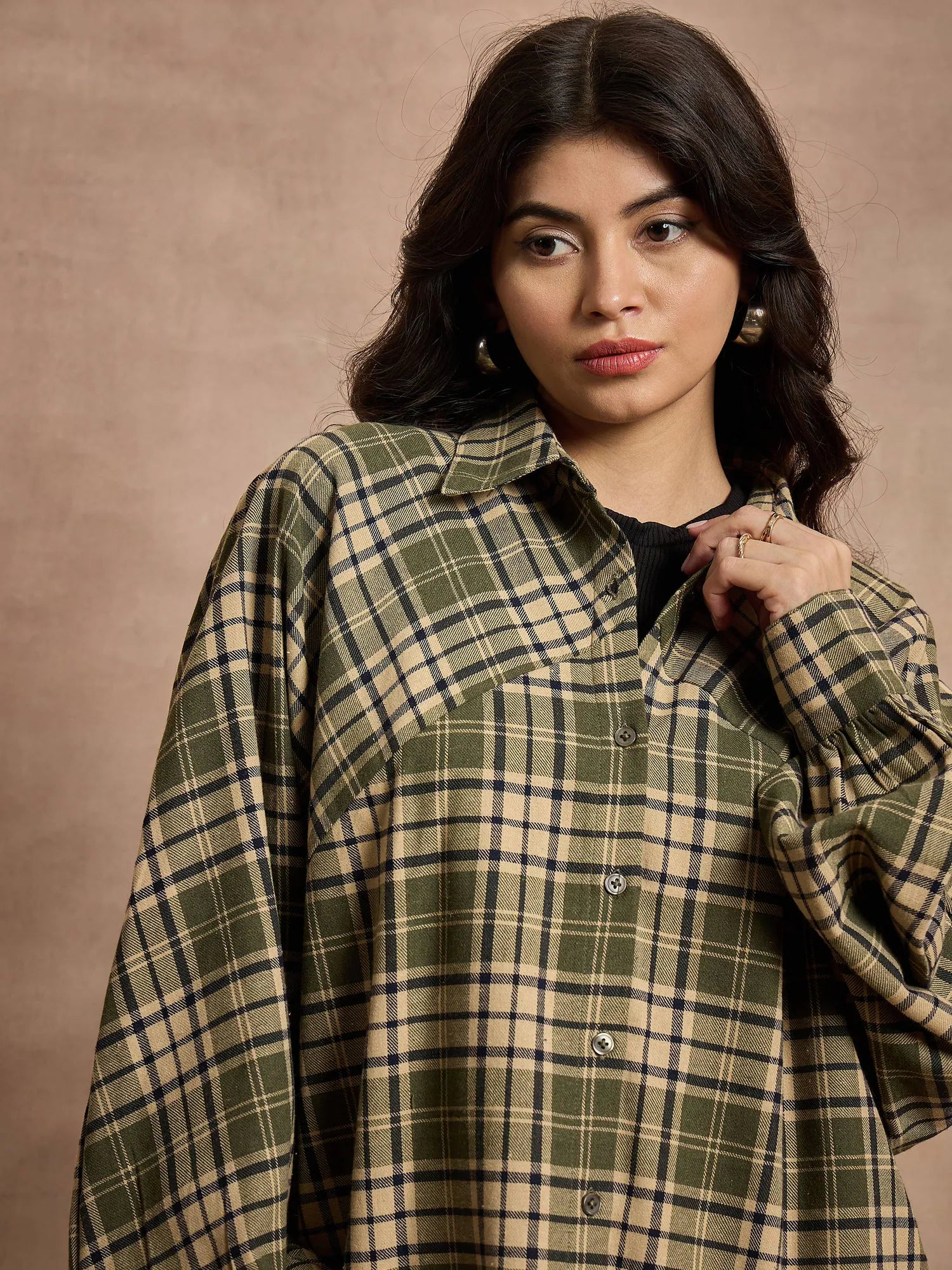 Green & Beige Checked Oversized Shirt | Lehenga for Women Style