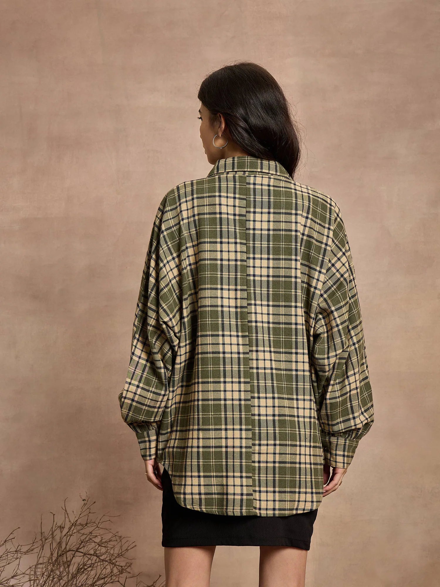 Green & Beige Checked Oversized Shirt | Lehenga for Women Style