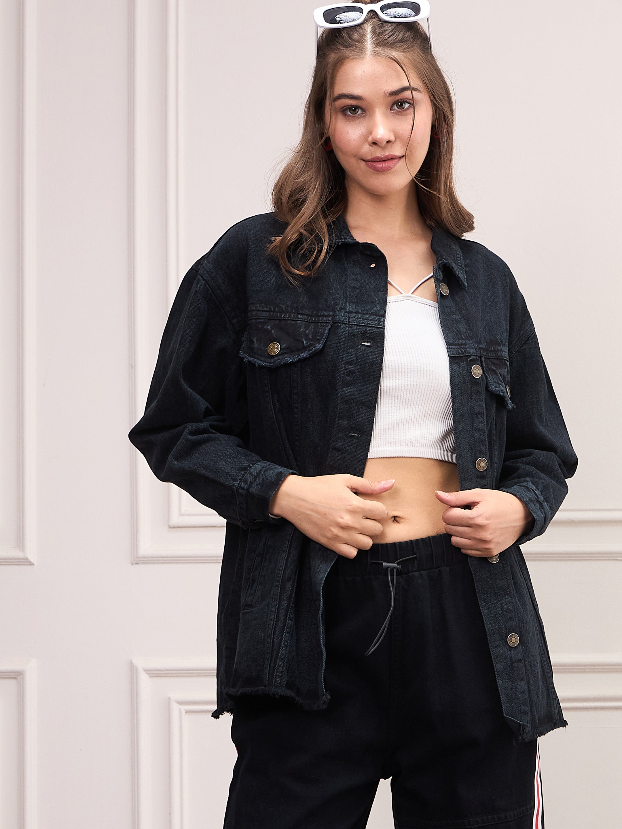 Women Black Washed Denim Shacket-SFSHRT20533