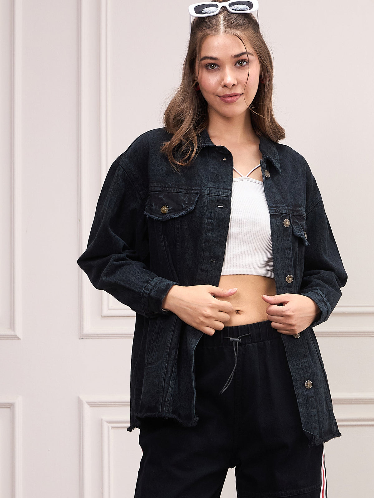 Women Black Washed Denim Shacket-SFSHRT20533