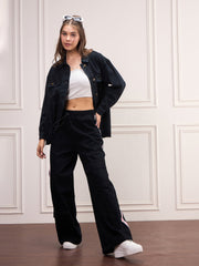 Women Black Washed Denim Shacket-SFSHRT20533