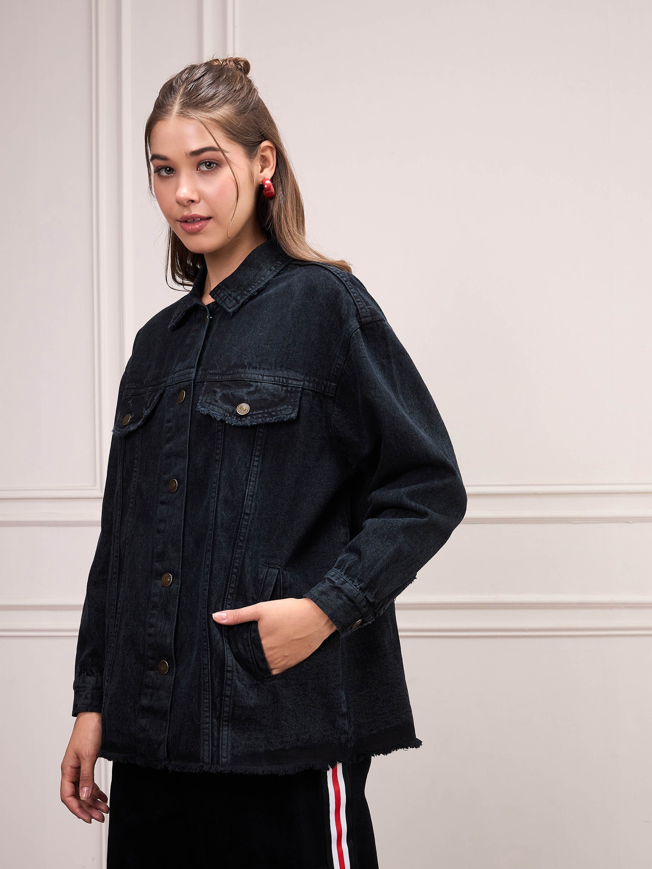 Women Black Washed Denim Shacket-SFSHRT20533